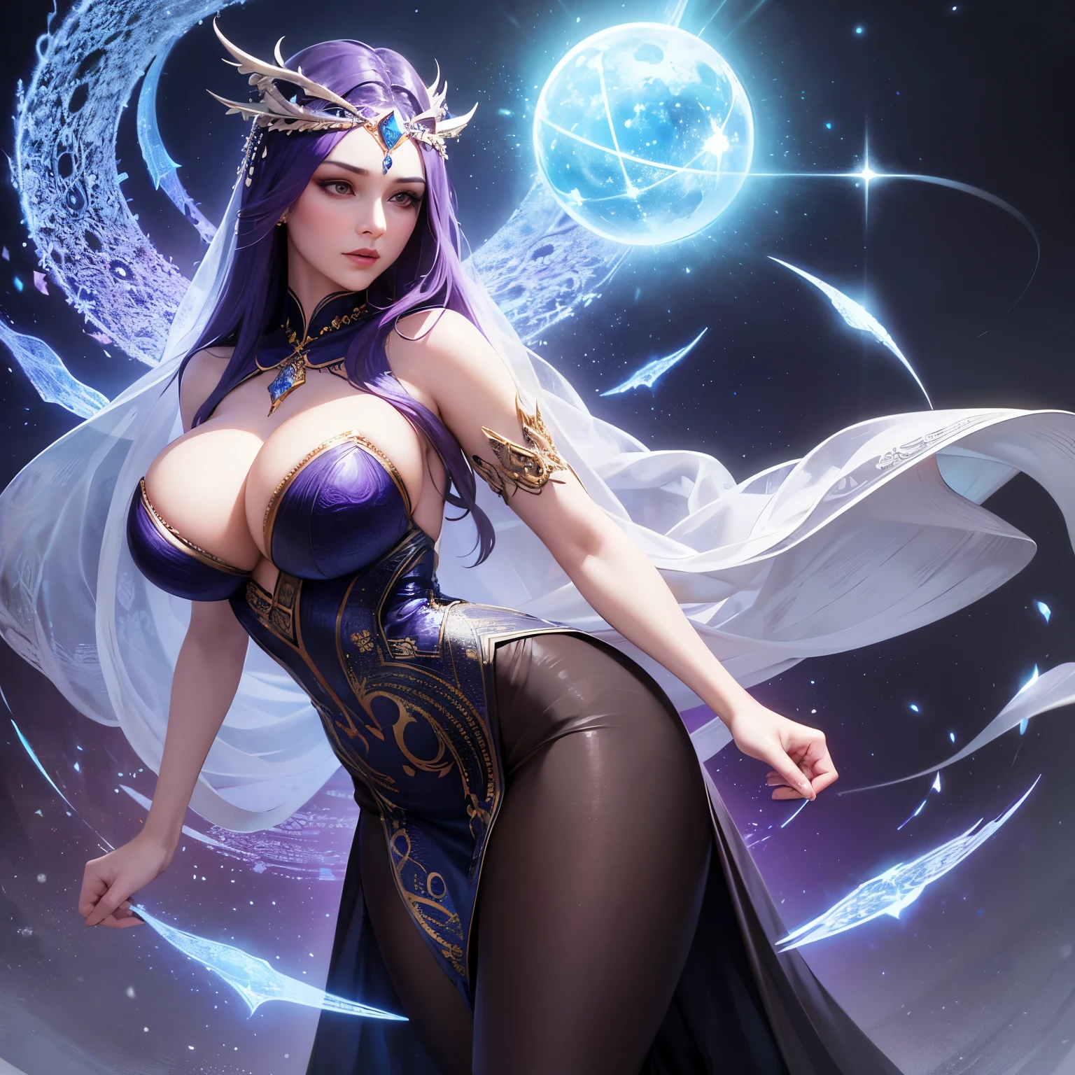 (best quality,4k,highres,masterpiece:1.2),ultra-detailed,(realistic:1.37)
A mature curvaceous Malaysian woman with her age at 40, dressed in a hijab that covers all of her hair, is standing in the center of a mystical scene. She is wearing a beautiful silk magic gown that shimmers with an otherworldly glow. The gown flows gracefully around her figure, accentuating her curves and adding an air of elegance to her presence.
The woman is a witch, strong and knowledgeable in the mystic arts. She stands confidently with her hands raised, as if channeling her magical powers. Around her, a magic circle adorns the ground with intricate symbols and glowing sigils. The circle is made from a combination of runes and arcana, pulsating with energy in vibrant colors of blues and purples.
As the woman continues her summoning, a mythical monster starts to materialize from within the magic circle. The creature is a magnificent being, towering with a majestic presence. Its body is covered in shimmering scales, reflecting the light around it in a mesmerizing display. The creature's form is a combination of various animals, with wings of an eagle, the tail of a serpent, and the head of a lion.
The scene is bathed in an ethereal light, reminiscent of moonlight casting an enchanting glow. The soft illumination illuminates the woman's face, revealing a calm and focused expression. Her eyes emit a glimmer of magic, while her lips are curved in determination.
The background is an enchanted forest, with towering trees reaching towards the sky. The forest is filled with vibrant foliage, casting shadows and adding layers of depth to the overall composition. The air is filled with an aura of mystery and anticipation, as if the entire world holds its breath in awe of the imminent manifestation.
The color palette of the scene is rich and vivid, with deep shades of blues and purples dominating the overall tone. The contrasting warm hues of the woman's gown provide a beautiful balance and creat