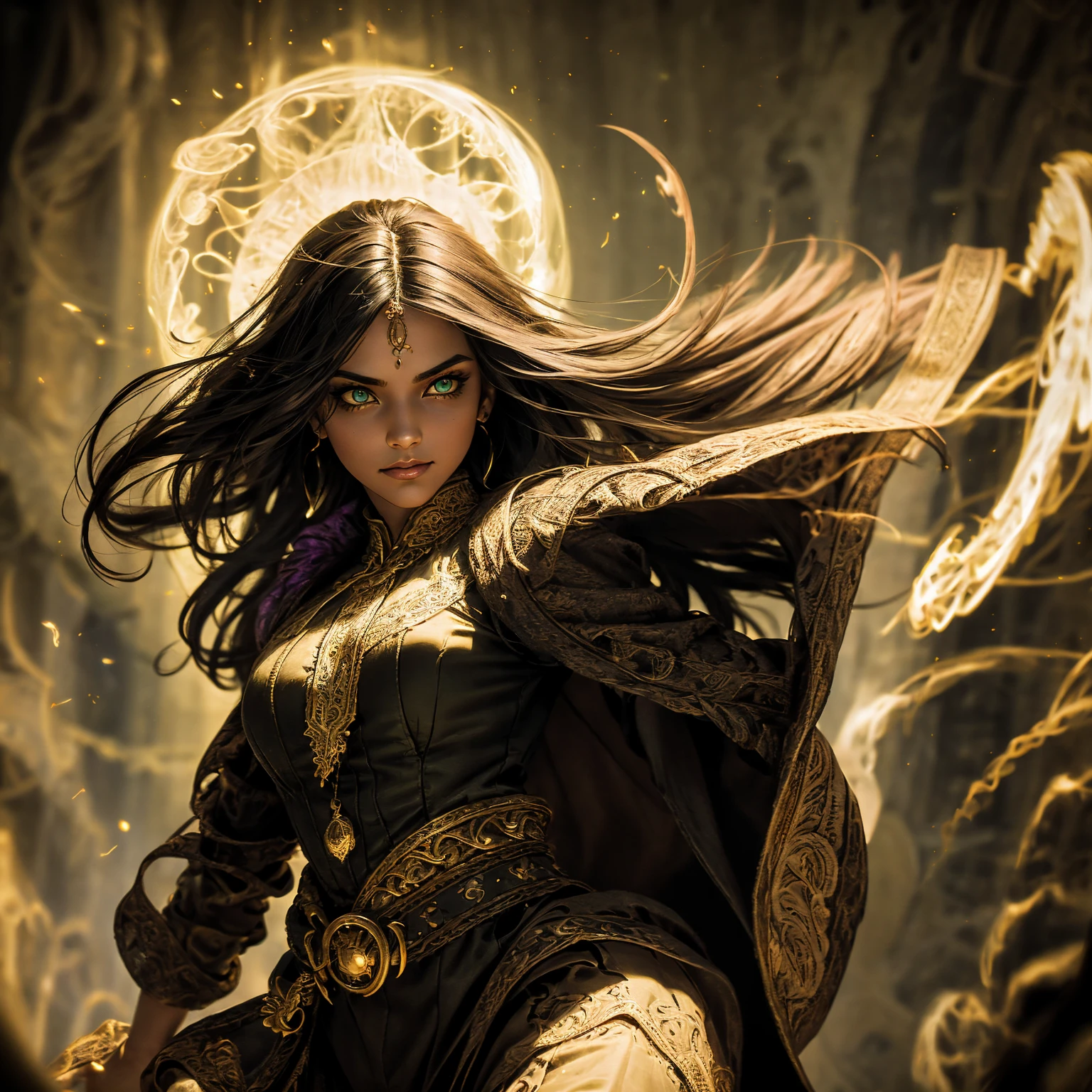 A stunning South-Indian woman, olive-skinned woman, Indian beauty, with bright green eyes, standing in swirling black smoke, with dark brown-black long wavy hair, mesmerizing features with a scary expression, finely detailed eyes, angry mood masterpiece, top quality, best quality, official art, beautiful and aesthetic:1.2), (1girl), extreme detailed,(fractal art:1.3), colorful, highest detailed, (masterpiece, best quality:1.3) professional digital painting, Unreal Engine 5. Wearing a black-buttoned-up military-trench coat. Scary void dripping from body and face black magic swirling around. Black smoke swirled around her. Purple-tinted background. In a 1920 setting, at a farm, wearing 1930 style clothing, , masterpiece, top quality, best quality, official art, beautiful and aesthetic:1.2), (1girl), extreme detailed,(fractal art:1.3), yellow, orange, pink, purple, highest detailed, (masterpiece, best quality:1.3) 1 green-eyed woman, professional digital painting, Unreal Engine 5. Wearing linen blouse, Wearing long skirt, Long hair, hopeful expression, finely detailed eyes, smiling, epic scene, epic composition, Cinematic Lighting, Volumetric Lighting, ethereal light, intricate details, extremely detailed volumetric rays. Green Eyes. [Beautiful girl, linen shirt and pants, oil painting, Detailed facial features, Sunlight, bright colors, dramatic lighting, expressive eyes and lips, High Resolution]
