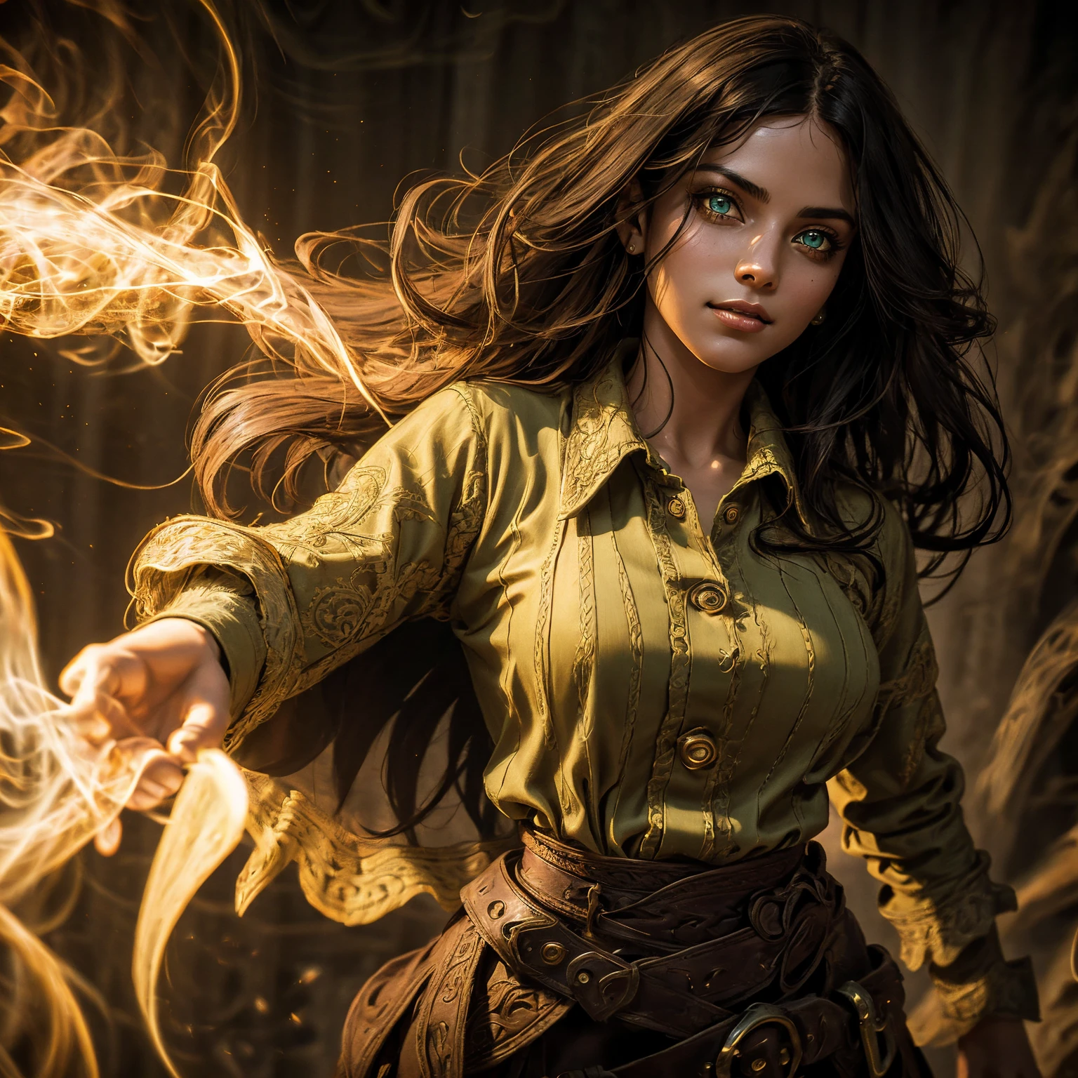 A stunning South-Indian woman, olive-skinned woman, Indian beauty, with bright green eyes, standing in swirling black smoke, with dark brown-black long wavy hair, mesmerizing features with a scary expression, finely detailed eyes, angry mood masterpiece, top quality, best quality, official art, beautiful and aesthetic:1.2), (1girl), extreme detailed,(fractal art:1.3), colorful, highest detailed, (masterpiece, best quality:1.3) professional digital painting, Unreal Engine 5. Wearing a black-buttoned-up military-trench coat. Scary void dripping from body and face black magic swirling around. Black smoke swirled around her. Purple-tinted background. In a 1920 setting, at a farm, wearing 1930 style clothing, , masterpiece, top quality, best quality, official art, beautiful and aesthetic:1.2), (1girl), extreme detailed,(fractal art:1.3), yellow, orange, pink, purple, highest detailed, (masterpiece, best quality:1.3) 1 green-eyed woman, professional digital painting, Unreal Engine 5. Wearing linen blouse, Wearing long skirt, Long hair, hopeful expression, finely detailed eyes, smiling, epic scene, epic composition, Cinematic Lighting, Volumetric Lighting, ethereal light, intricate details, extremely detailed volumetric rays. Green Eyes. [Beautiful girl, linen shirt and pants, oil painting, Detailed facial features, Sunlight, bright colors, dramatic lighting, expressive eyes and lips, High Resolution]
