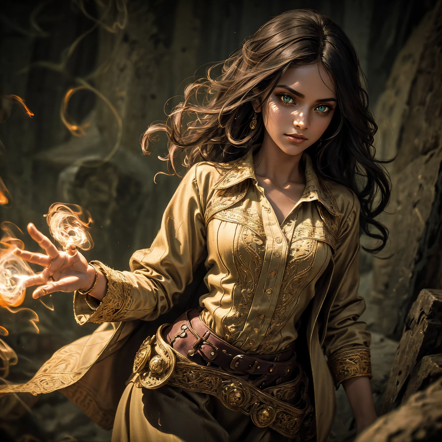 A stunning South-Indian woman, olive-skinned woman, Indian beauty, with bright green eyes, standing in swirling black smoke, with dark brown-black long wavy hair, mesmerizing features with a scary expression, finely detailed eyes, angry mood masterpiece, top quality, best quality, official art, beautiful and aesthetic:1.2), (1girl), extreme detailed,(fractal art:1.3), colorful, highest detailed, (masterpiece, best quality:1.3) professional digital painting, Unreal Engine 5. Wearing a black-buttoned-up military-trench coat. Scary void dripping from body and face black magic swirling around. Black smoke swirled around her. Purple-tinted background. In a 1920 setting, at a farm, wearing 1930 style clothing, , masterpiece, top quality, best quality, official art, beautiful and aesthetic:1.2), (1girl), extreme detailed,(fractal art:1.3), yellow, orange, pink, purple, highest detailed, (masterpiece, best quality:1.3) 1 green-eyed woman, professional digital painting, Unreal Engine 5. Wearing linen blouse, Wearing long skirt, Long hair, hopeful expression, finely detailed eyes, smiling, epic scene, epic composition, Cinematic Lighting, Volumetric Lighting, ethereal light, intricate details, extremely detailed volumetric rays. Green Eyes. [Beautiful girl, linen shirt and pants, oil painting, Detailed facial features, Sunlight, bright colors, dramatic lighting, expressive eyes and lips, High Resolution]
