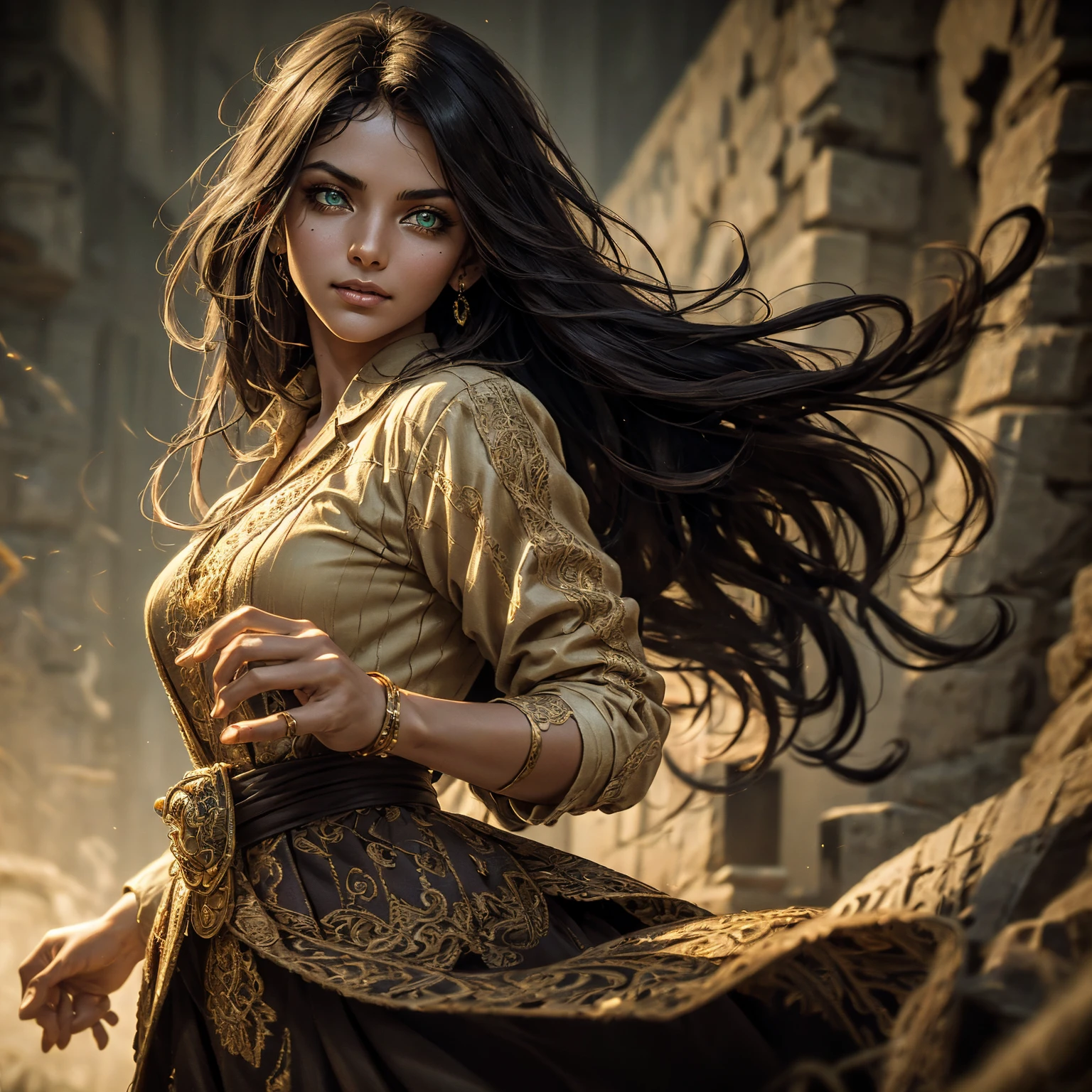 A stunning South-Indian woman, olive-skinned woman, Indian beauty, with bright green eyes, standing in swirling black smoke, with dark brown-black long wavy hair, mesmerizing features with a scary expression, finely detailed eyes, angry mood masterpiece, top quality, best quality, official art, beautiful and aesthetic:1.2), (1girl), extreme detailed,(fractal art:1.3), colorful, highest detailed, (masterpiece, best quality:1.3) professional digital painting, Unreal Engine 5. Wearing a black-buttoned-up military-trench coat. Scary void dripping from body and face black magic swirling around. Black smoke swirled around her. Purple-tinted background. In a 1920 setting, at a farm, wearing 1930 style clothing, , masterpiece, top quality, best quality, official art, beautiful and aesthetic:1.2), (1girl), extreme detailed,(fractal art:1.3), yellow, orange, pink, purple, highest detailed, (masterpiece, best quality:1.3) 1 green-eyed woman, professional digital painting, Unreal Engine 5. Wearing linen blouse, Wearing long skirt, Long hair, hopeful expression, finely detailed eyes, smiling, epic scene, epic composition, Cinematic Lighting, Volumetric Lighting, ethereal light, intricate details, extremely detailed volumetric rays. Green Eyes. [Beautiful girl, linen shirt and pants, oil painting, Detailed facial features, Sunlight, bright colors, dramatic lighting, expressive eyes and lips, High Resolution]
