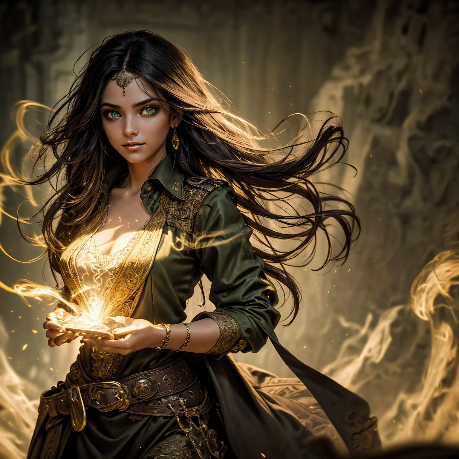 A stunning South-Indian woman, olive-skinned woman, Indian beauty, with bright green eyes, standing in swirling black smoke, with dark brown-black long wavy hair, mesmerizing features with a scary expression, finely detailed eyes, angry mood masterpiece, top quality, best quality, official art, beautiful and aesthetic:1.2), (1girl), extreme detailed,(fractal art:1.3), colorful, highest detailed, (masterpiece, best quality:1.3) professional digital painting, Unreal Engine 5. Wearing a black-buttoned-up military-trench coat. Scary void dripping from body and face black magic swirling around. Black smoke swirled around her. Purple-tinted background. In a 1920 setting, at a farm, wearing 1930 style clothing, , masterpiece, top quality, best quality, official art, beautiful and aesthetic:1.2), (1girl), extreme detailed,(fractal art:1.3), yellow, orange, pink, purple, highest detailed, (masterpiece, best quality:1.3) 1 green-eyed woman, professional digital painting, Unreal Engine 5. Wearing linen blouse, Wearing long skirt, Long hair, hopeful expression, finely detailed eyes, smiling, epic scene, epic composition, Cinematic Lighting, Volumetric Lighting, ethereal light, intricate details, extremely detailed volumetric rays. Green Eyes. [Beautiful girl, linen shirt and pants, oil painting, Detailed facial features, Sunlight, bright colors, dramatic lighting, expressive eyes and lips, High Resolution]
