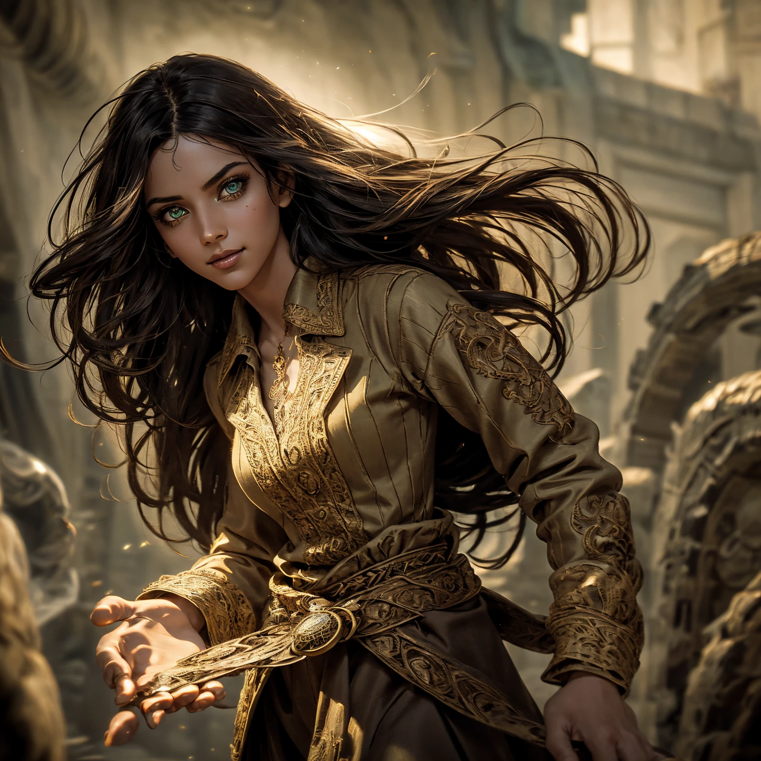 A stunning South-Indian woman, olive-skinned woman, Indian beauty, with bright green eyes, standing in swirling black smoke, with dark brown-black long wavy hair, mesmerizing features with a scary expression, finely detailed eyes, angry mood masterpiece, top quality, best quality, official art, beautiful and aesthetic:1.2), (1girl), extreme detailed,(fractal art:1.3), colorful, highest detailed, (masterpiece, best quality:1.3) professional digital painting, Unreal Engine 5. Wearing a black-buttoned-up military-trench coat. Scary void dripping from body and face black magic swirling around. Black smoke swirled around her. Purple-tinted background. In a 1920 setting, at a farm, wearing 1930 style clothing, , masterpiece, top quality, best quality, official art, beautiful and aesthetic:1.2), (1girl), extreme detailed,(fractal art:1.3), yellow, orange, pink, purple, highest detailed, (masterpiece, best quality:1.3) 1 green-eyed woman, professional digital painting, Unreal Engine 5. Wearing linen blouse, Wearing long skirt, Long hair, hopeful expression, finely detailed eyes, smiling, epic scene, epic composition, Cinematic Lighting, Volumetric Lighting, ethereal light, intricate details, extremely detailed volumetric rays. Green Eyes. [Beautiful girl, linen shirt and pants, oil painting, Detailed facial features, Sunlight, bright colors, dramatic lighting, expressive eyes and lips, High Resolution]
