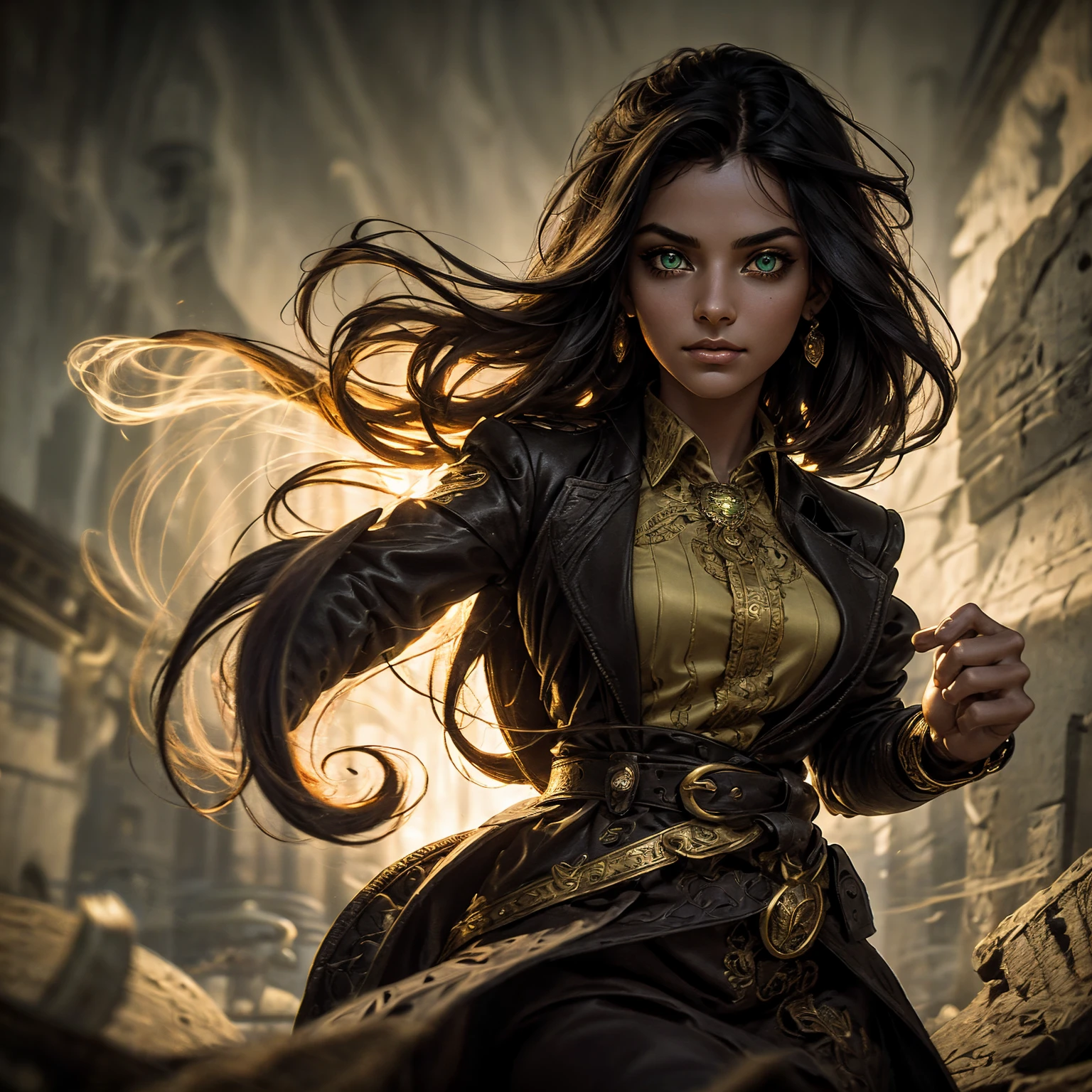 A stunning South-Indian woman, olive-skinned woman, Indian beauty, with bright green eyes, standing in swirling black smoke, with dark brown-black long wavy hair, mesmerizing features with a scary expression, finely detailed eyes, angry mood masterpiece, top quality, best quality, official art, beautiful and aesthetic:1.2), (1girl), extreme detailed,(fractal art:1.3), colorful, highest detailed, (masterpiece, best quality:1.3) professional digital painting, Unreal Engine 5. Wearing a black-buttoned-up military-trench coat. Scary void dripping from body and face black magic swirling around. Black smoke swirled around her. Purple-tinted background. In a 1920 setting, at a farm, wearing 1930 style clothing, , masterpiece, top quality, best quality, official art, beautiful and aesthetic:1.2), (1girl), extreme detailed,(fractal art:1.3), yellow, orange, pink, purple, highest detailed, (masterpiece, best quality:1.3) 1 green-eyed woman, professional digital painting, Unreal Engine 5. Wearing linen blouse, Wearing long skirt, Long hair, hopeful expression, finely detailed eyes, smiling, epic scene, epic composition, Cinematic Lighting, Volumetric Lighting, ethereal light, intricate details, extremely detailed volumetric rays. Green Eyes. [Beautiful girl, linen shirt and pants, oil painting, Detailed facial features, Sunlight, bright colors, dramatic lighting, expressive eyes and lips, High Resolution]
