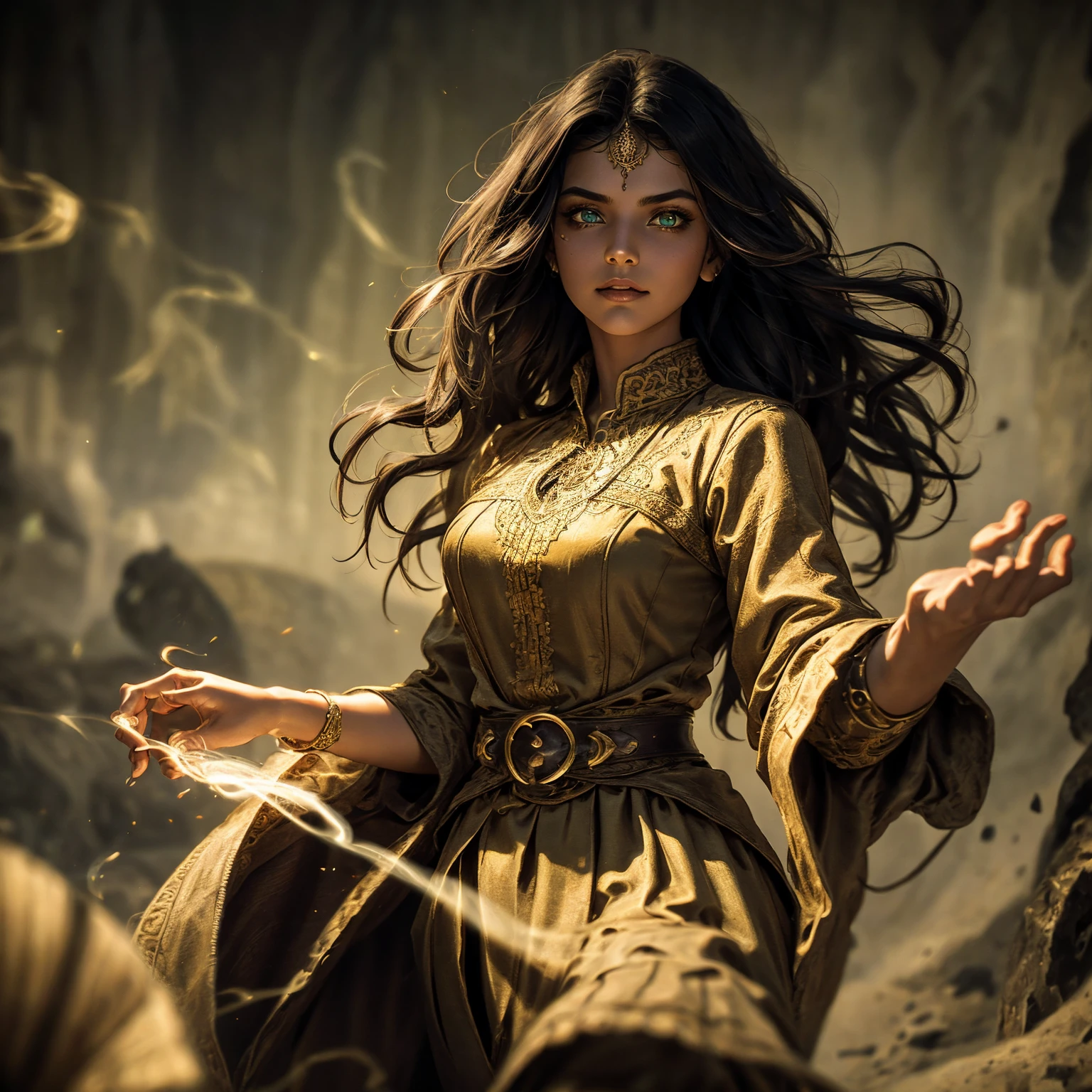 A stunning South-Indian woman, olive-skinned woman, Indian beauty, with bright green eyes, standing in swirling black smoke, with dark brown-black long wavy hair, mesmerizing features with a scary expression, finely detailed eyes, angry mood masterpiece, top quality, best quality, official art, beautiful and aesthetic:1.2), (1girl), extreme detailed,(fractal art:1.3), colorful, highest detailed, (masterpiece, best quality:1.3) professional digital painting, Unreal Engine 5. Wearing a black-buttoned-up military-trench coat. Scary void dripping from body and face black magic swirling around. Black smoke swirled around her. Purple-tinted background. In a 1920 setting, at a farm, wearing 1930 style clothing, , masterpiece, top quality, best quality, official art, beautiful and aesthetic:1.2), (1girl), extreme detailed,(fractal art:1.3), yellow, orange, pink, purple, highest detailed, (masterpiece, best quality:1.3) 1 green-eyed woman, professional digital painting, Unreal Engine 5. Wearing linen blouse, Wearing long skirt, Long hair, hopeful expression, finely detailed eyes, smiling, epic scene, epic composition, Cinematic Lighting, Volumetric Lighting, ethereal light, intricate details, extremely detailed volumetric rays. Green Eyes. [Beautiful girl, linen shirt and pants, oil painting, Detailed facial features, Sunlight, bright colors, dramatic lighting, expressive eyes and lips, High Resolution]
