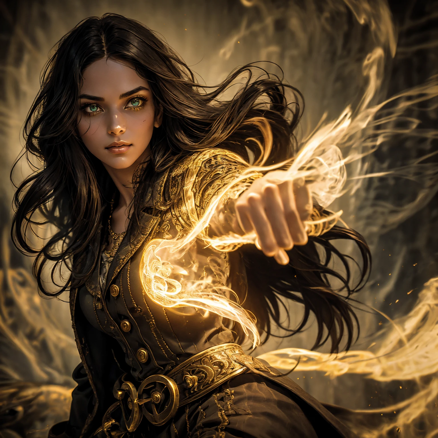 A stunning South-Indian woman, olive-skinned woman, Indian beauty, with bright green eyes, standing in swirling black smoke, with dark brown-black long wavy hair, mesmerizing features with a scary expression, finely detailed eyes, angry mood masterpiece, top quality, best quality, official art, beautiful and aesthetic:1.2), (1girl), extreme detailed,(fractal art:1.3), colorful, highest detailed, (masterpiece, best quality:1.3) professional digital painting, Unreal Engine 5. Wearing a black-buttoned-up military-trench coat. Scary void dripping from body and face black magic swirling around. Black smoke swirled around her. Purple-tinted background. In a 1920 setting, at a farm, wearing 1930 style clothing, , masterpiece, top quality, best quality, official art, beautiful and aesthetic:1.2), (1girl), extreme detailed,(fractal art:1.3), yellow, orange, pink, purple, highest detailed, (masterpiece, best quality:1.3) 1 green-eyed woman, professional digital painting, Unreal Engine 5. Wearing linen blouse, Wearing long skirt, Long hair, hopeful expression, finely detailed eyes, smiling, epic scene, epic composition, Cinematic Lighting, Volumetric Lighting, ethereal light, intricate details, extremely detailed volumetric rays. Green Eyes. [Beautiful girl, linen shirt and pants, oil painting, Detailed facial features, Sunlight, bright colors, dramatic lighting, expressive eyes and lips, High Resolution]
