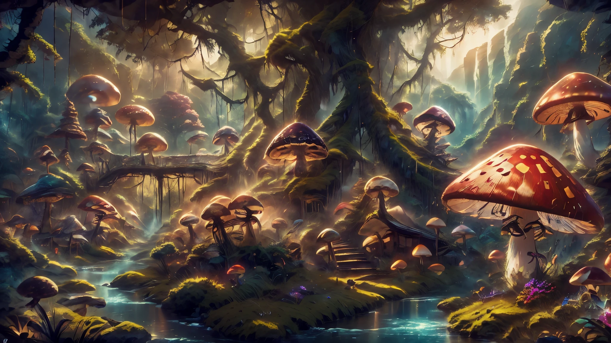 (Masterpiece), best quality, 8k, panoramic view, forest, majestic trees, colorful mushrooms, serene rivers, varied fruits, made up the enchanted setting. Natives like playful gnomes, bouncing squirrels, curious foxes, fluffy rabbits, and melodic birds brought the landscape to life. Gnome abodes within wide trees, ethereal atmosphere, captivating landscape, peace, tranquility,