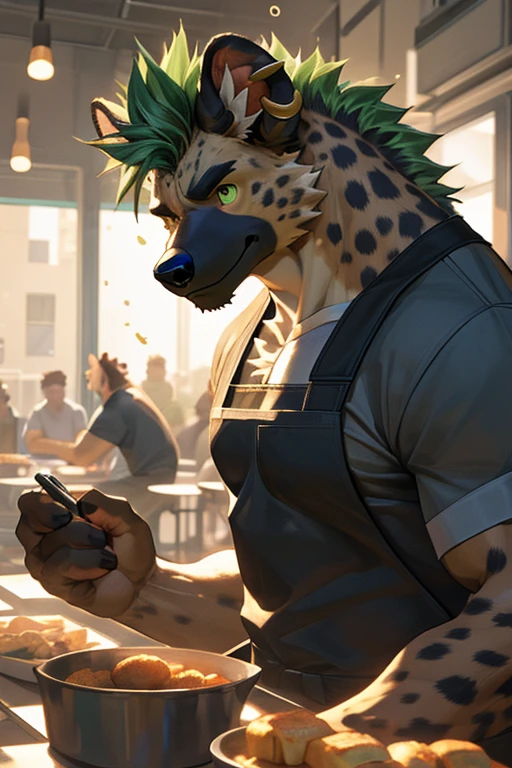 (hyena) male, solo, cofe, cafeteria, city, perfect lighting, light particles, muscular, (green eye)(muscle bara body), abs, big pecs, perfect eyes, (detalle de ojos realista), (detalle de orejas realista), green mohawk, piercing, ear piercing, eyes anime, (perfect eyes), (BROWN SPOTTED HYENA), obra maestra, dramatic light, smooth light. black apron