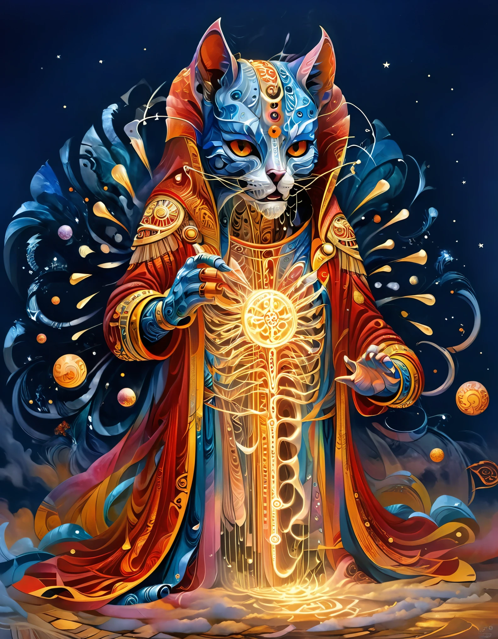 (Magic Formation), very unified CG design, 3D renderings, mysterious geometric shapes, clear focus, (transparent ghost face magician floating in front of the twelve zodiac magic formation), (beautiful nine armed witch wizard: 0.85), (dragging various zodiac symbols and magic balls and crows with each arm: 0.65), super long red hair, blue eyes, orange cat, especially charming sapphire blue eyes, robe (Qinglong Crescent Dagger), (carved long sword), clear Mobius rings, as well as the collapse of heaven and earth, clear magic symbols, combined magic arrays, summoning, material and non-material transformations, gold cultivation and other complex combination rituals, using Mike Winckelmann style, surrealism, surrealism, surreal digital art, visual exaggeration, cyberpunk, nanopunk, circuit, light painting, Aries, etc, ♈ ， Taurus, ♉ ， Gemini, ♊ ， Cancer, ♋ ， Scorpio, ♏ ， Libra, ♎ ， Virgo, ♍ ， Leo, ♌  Ah, Sagittarius ♐ ， Capricorn, ♑ ， Aquarius, ♒ ， Pisces, ♓ ， illusory