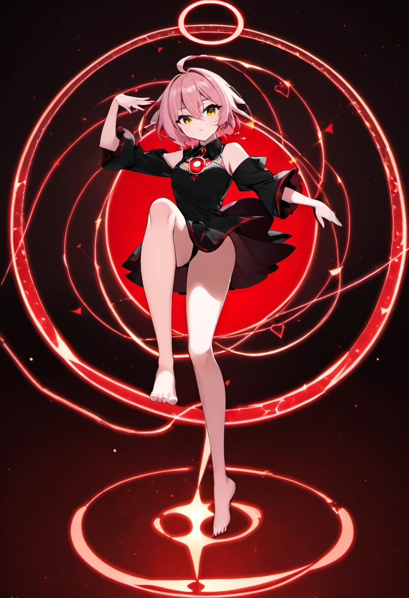 A magic circle that shines red at your feet、sexy devil in black clothes、red lighting、darkness、suspicious、suspicious, anime、whole body、Condescending eyes