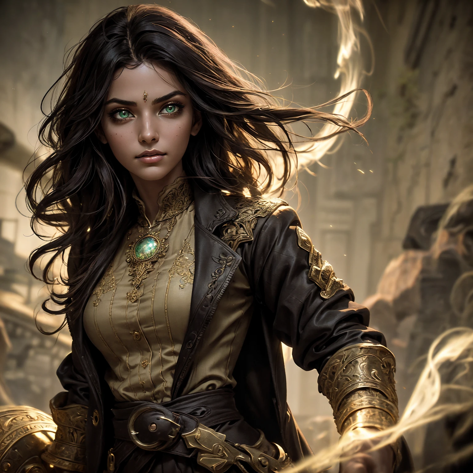 A stunning South-Indian woman, olive-skinned woman, Indian beauty, with bright green eyes, standing in swirling black smoke, with dark brown-black long wavy hair, mesmerizing features with a scary expression, finely detailed eyes, angry mood masterpiece, top quality, best quality, official art, beautiful and aesthetic:1.2), (1girl), extreme detailed,(fractal art:1.3), colorful, highest detailed, (masterpiece, best quality:1.3) professional digital painting, Unreal Engine 5. Wearing a black-buttoned-up military-trench coat. Scary void dripping from body and face black magic swirling around. Black smoke swirled around her. Purple-tinted background. In a 1920 setting, at a farm, wearing 1930 style clothing, , masterpiece, top quality, best quality, official art, beautiful and aesthetic:1.2), (1girl), extreme detailed,(fractal art:1.3), yellow, orange, pink, purple, highest detailed, (masterpiece, best quality:1.3) 1 green-eyed woman, professional digital painting, Unreal Engine 5. Wearing linen blouse, Wearing long skirt, Long hair, hopeful expression, finely detailed eyes, smiling, epic scene, epic composition, Cinematic Lighting, Volumetric Lighting, ethereal light, intricate details, extremely detailed volumetric rays. Green Eyes. [Beautiful girl, linen shirt and pants, oil painting, Detailed facial features, Sunlight, bright colors, dramatic lighting, expressive eyes and lips, High Resolution]
