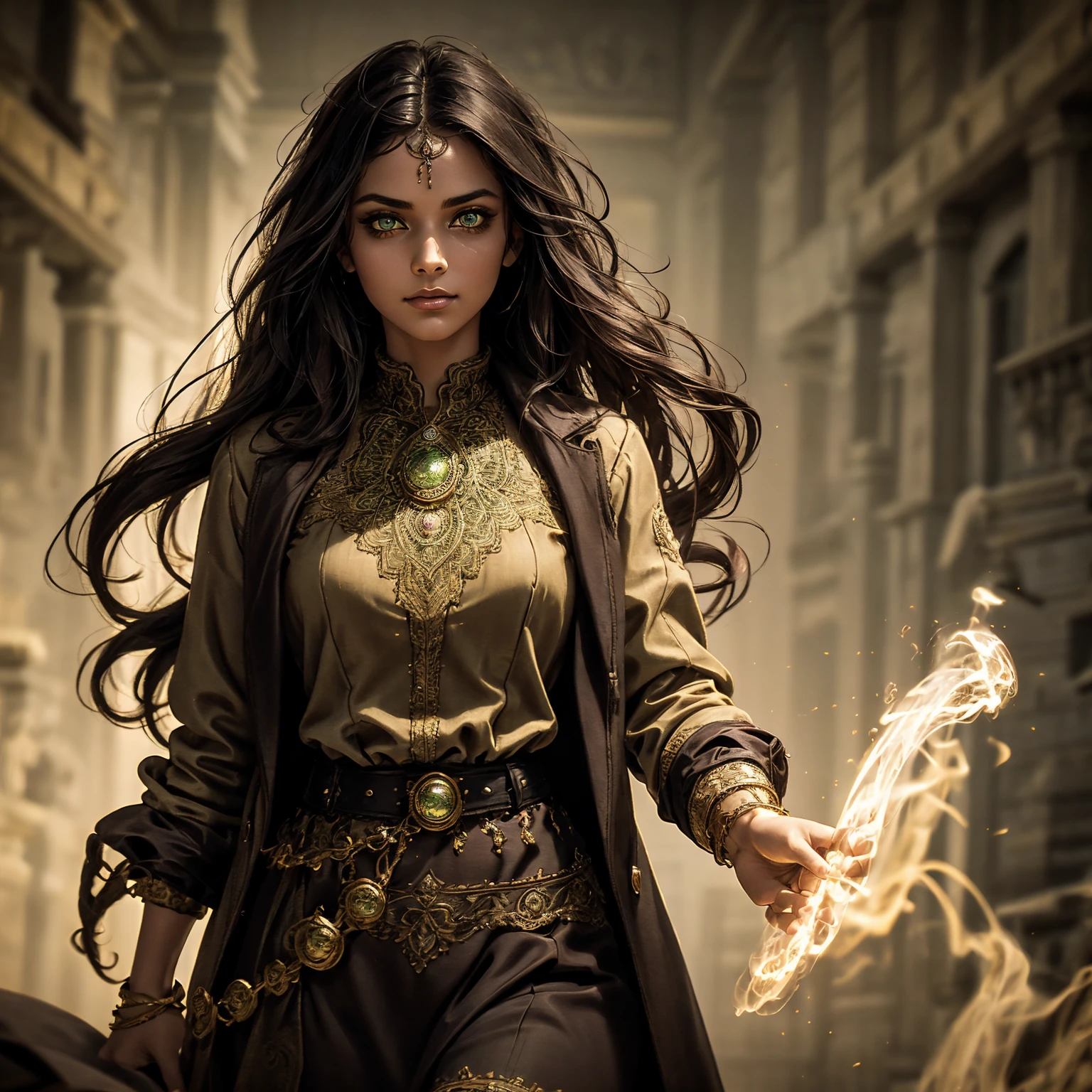 A stunning South-Indian woman, olive-skinned woman, Indian beauty, with bright green eyes, standing in swirling black smoke, with dark brown-black long wavy hair, mesmerizing features with a scary expression, finely detailed eyes, angry mood masterpiece, top quality, best quality, official art, beautiful and aesthetic:1.2), (1girl), extreme detailed,(fractal art:1.3), colorful, highest detailed, (masterpiece, best quality:1.3) professional digital painting, Unreal Engine 5. Wearing a black-buttoned-up military-trench coat. Scary void dripping from body and face black magic swirling around. Black smoke swirled around her. Purple-tinted background. In a 1920 setting, at a farm, wearing 1930 style clothing, , masterpiece, top quality, best quality, official art, beautiful and aesthetic:1.2), (1girl), extreme detailed,(fractal art:1.3), yellow, orange, pink, purple, highest detailed, (masterpiece, best quality:1.3) 1 green-eyed woman, professional digital painting, Unreal Engine 5. Wearing linen blouse, Wearing long skirt, Long hair, hopeful expression, finely detailed eyes, smiling, epic scene, epic composition, Cinematic Lighting, Volumetric Lighting, ethereal light, intricate details, extremely detailed volumetric rays. Green Eyes. [Beautiful girl, linen shirt and pants, oil painting, Detailed facial features, Sunlight, bright colors, dramatic lighting, expressive eyes and lips, High Resolution]
