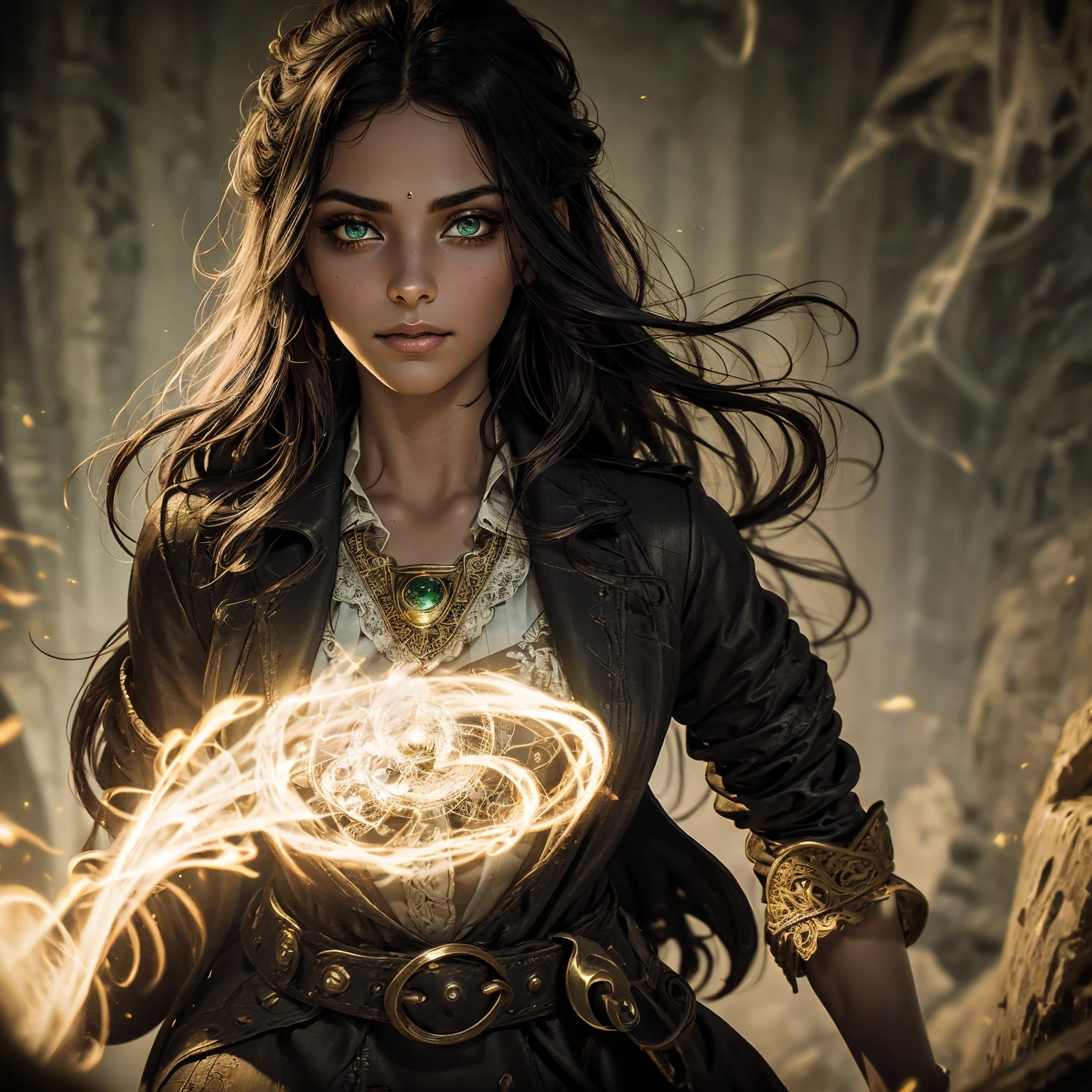 A stunning South-Indian woman, olive-skinned woman, Indian beauty, with bright green eyes, standing in swirling black smoke, with dark brown-black long wavy hair, mesmerizing features with a scary expression, finely detailed eyes, angry mood masterpiece, top quality, best quality, official art, beautiful and aesthetic:1.2), (1girl), extreme detailed,(fractal art:1.3), colorful, highest detailed, (masterpiece, best quality:1.3) professional digital painting, Unreal Engine 5. Wearing a black-buttoned-up military-trench coat. Scary void dripping from body and face black magic swirling around. Black smoke swirled around her. Purple-tinted background. In a 1920 setting, at a farm, wearing 1930 style clothing, , masterpiece, top quality, best quality, official art, beautiful and aesthetic:1.2), (1girl), extreme detailed,(fractal art:1.3), yellow, orange, pink, purple, highest detailed, (masterpiece, best quality:1.3) 1 green-eyed woman, professional digital painting, Unreal Engine 5. Wearing linen blouse, Wearing long skirt, Long hair, hopeful expression, finely detailed eyes, smiling, epic scene, epic composition, Cinematic Lighting, Volumetric Lighting, ethereal light, intricate details, extremely detailed volumetric rays. Green Eyes. [Beautiful girl, linen shirt and pants, oil painting, Detailed facial features, Sunlight, bright colors, dramatic lighting, expressive eyes and lips, High Resolution]
