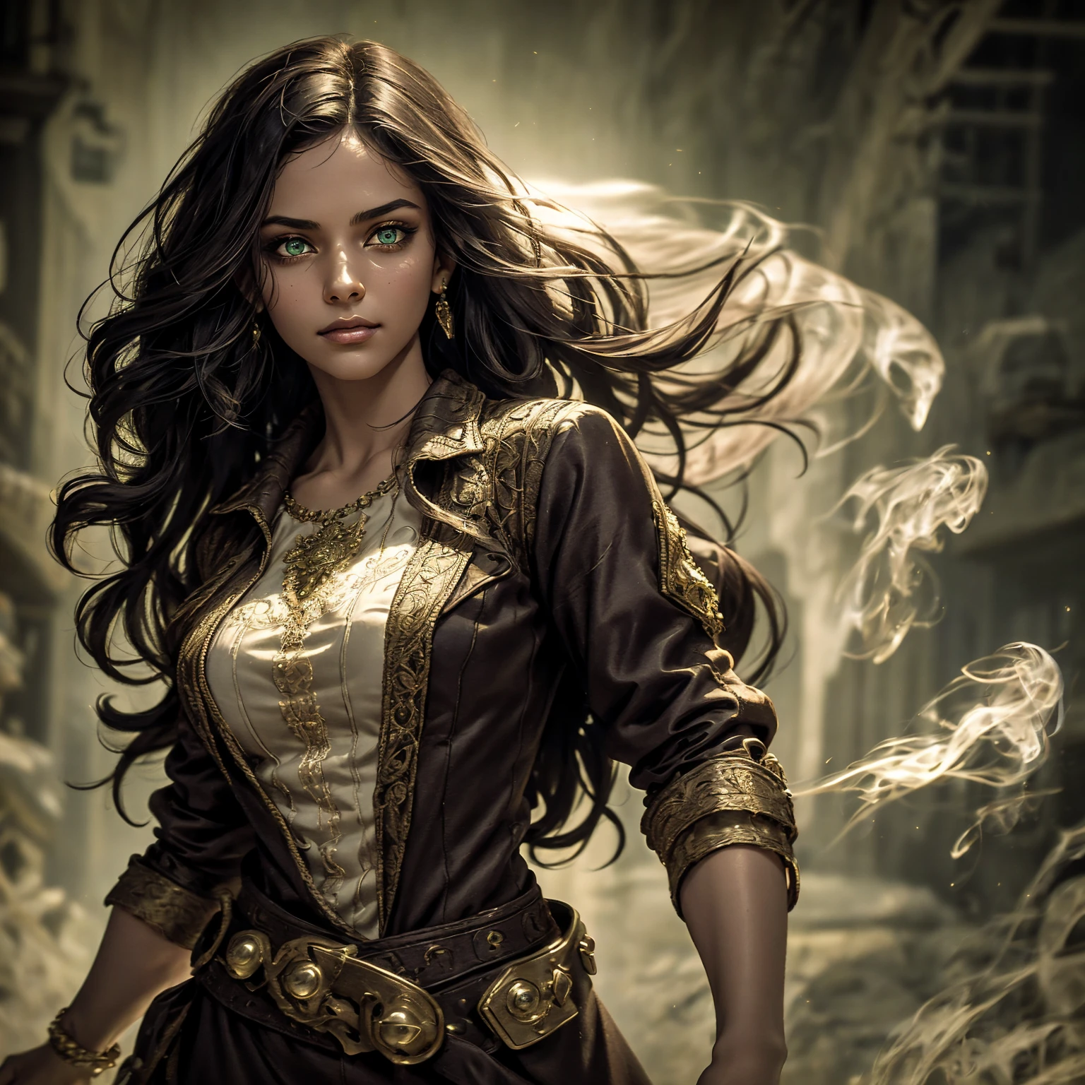 A stunning South-Indian woman, olive-skinned woman, Indian beauty, with bright green eyes, standing in swirling black smoke, with dark brown-black long wavy hair, mesmerizing features with a scary expression, finely detailed eyes, angry mood masterpiece, top quality, best quality, official art, beautiful and aesthetic:1.2), (1girl), extreme detailed,(fractal art:1.3), colorful, highest detailed, (masterpiece, best quality:1.3) professional digital painting, Unreal Engine 5. Wearing a black-buttoned-up military-trench coat. Scary void dripping from body and face black magic swirling around. Black smoke swirled around her. Purple-tinted background. In a 1920 setting, at a farm, wearing 1930 style clothing, , masterpiece, top quality, best quality, official art, beautiful and aesthetic:1.2), (1girl), extreme detailed,(fractal art:1.3), yellow, orange, pink, purple, highest detailed, (masterpiece, best quality:1.3) 1 green-eyed woman, professional digital painting, Unreal Engine 5. Wearing linen blouse, Wearing long skirt, Long hair, hopeful expression, finely detailed eyes, smiling, epic scene, epic composition, Cinematic Lighting, Volumetric Lighting, ethereal light, intricate details, extremely detailed volumetric rays. Green Eyes. [Beautiful girl, linen shirt and pants, oil painting, Detailed facial features, Sunlight, bright colors, dramatic lighting, expressive eyes and lips, High Resolution]

