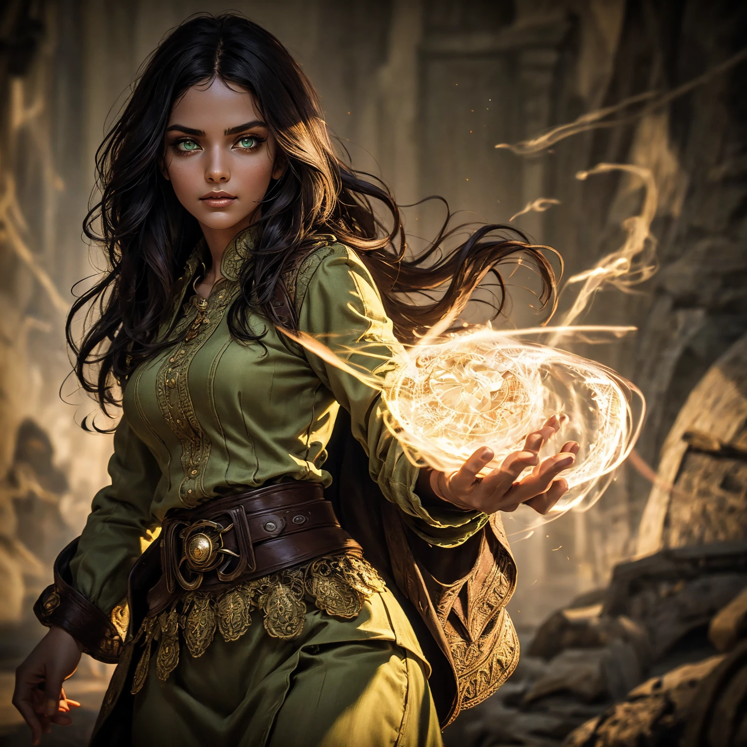 A stunning South-Indian woman, olive-skinned woman, Indian beauty, with bright green eyes, standing in swirling black smoke, with dark brown-black long wavy hair, mesmerizing features with a scary expression, finely detailed eyes, angry mood masterpiece, top quality, best quality, official art, beautiful and aesthetic:1.2), (1girl), extreme detailed,(fractal art:1.3), colorful, highest detailed, (masterpiece, best quality:1.3) professional digital painting, Unreal Engine 5. Wearing a black-buttoned-up military-trench coat. Scary void dripping from body and face black magic swirling around. Black smoke swirled around her. Purple-tinted background. In a 1920 setting, at a farm, wearing 1930 style clothing, , masterpiece, top quality, best quality, official art, beautiful and aesthetic:1.2), (1girl), extreme detailed,(fractal art:1.3), yellow, orange, pink, purple, highest detailed, (masterpiece, best quality:1.3) 1 green-eyed woman, professional digital painting, Unreal Engine 5. Wearing linen blouse, Wearing long skirt, Long hair, hopeful expression, finely detailed eyes, smiling, epic scene, epic composition, Cinematic Lighting, Volumetric Lighting, ethereal light, intricate details, extremely detailed volumetric rays. Green Eyes. [Beautiful girl, linen shirt and pants, oil painting, Detailed facial features, Sunlight, bright colors, dramatic lighting, expressive eyes and lips, High Resolution]
