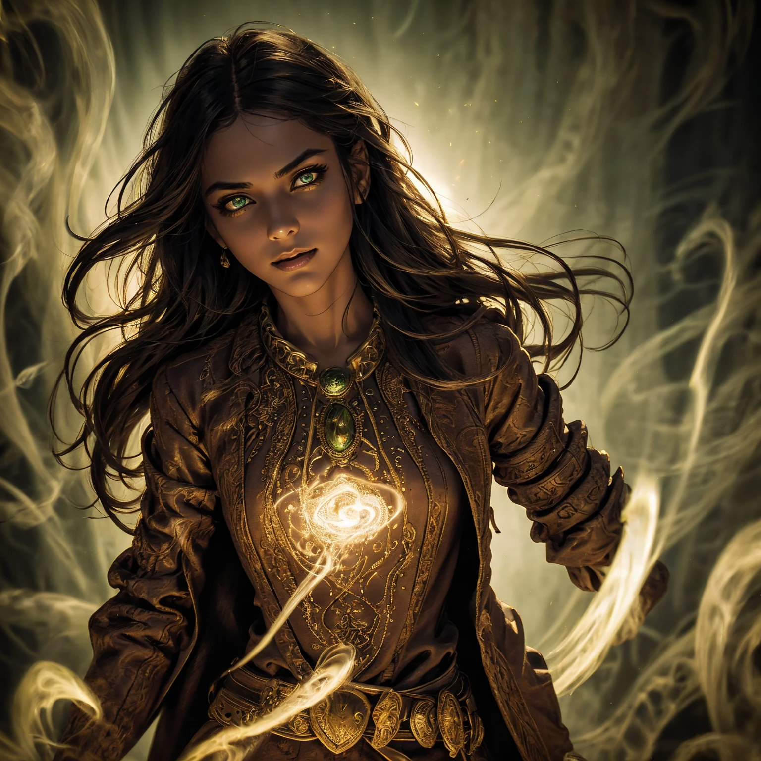 A stunning South-Indian woman, olive-skinned woman, Indian beauty, with bright green eyes, standing in swirling black smoke, with dark brown-black long wavy hair, mesmerizing features with a scary expression, finely detailed eyes, angry mood masterpiece, top quality, best quality, official art, beautiful and aesthetic:1.2), (1girl), extreme detailed,(fractal art:1.3), colorful, highest detailed, (masterpiece, best quality:1.3) professional digital painting, Unreal Engine 5. Wearing a black-buttoned-up military-trench coat. Scary void dripping from body and face black magic swirling around. Black smoke swirled around her. Purple-tinted background. In a 1920 setting, at a farm, wearing 1930 style clothing, , masterpiece, top quality, best quality, official art, beautiful and aesthetic:1.2), (1girl), extreme detailed,(fractal art:1.3), yellow, orange, pink, purple, highest detailed, (masterpiece, best quality:1.3) 1 green-eyed woman, professional digital painting, Unreal Engine 5. Wearing linen blouse, Wearing long skirt, Long hair, hopeful expression, finely detailed eyes, smiling, epic scene, epic composition, Cinematic Lighting, Volumetric Lighting, ethereal light, intricate details, extremely detailed volumetric rays. Green Eyes. [Beautiful girl, linen shirt and pants, oil painting, Detailed facial features, Sunlight, bright colors, dramatic lighting, expressive eyes and lips, High Resolution]
