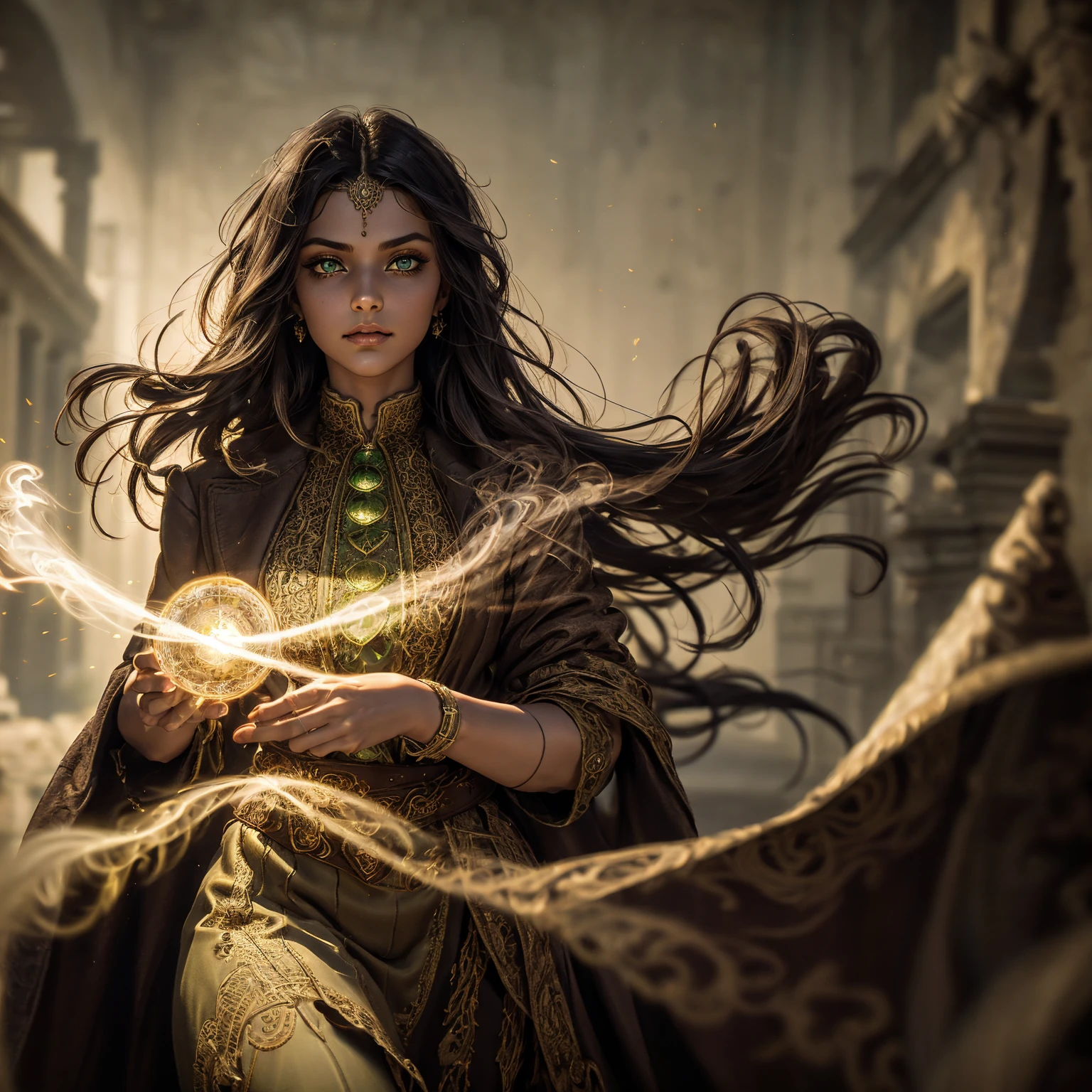 A stunning South-Indian woman, olive-skinned woman, Indian beauty, with bright green eyes, standing in swirling black smoke, with dark brown-black long wavy hair, mesmerizing features with a scary expression, finely detailed eyes, angry mood masterpiece, top quality, best quality, official art, beautiful and aesthetic:1.2), (1girl), extreme detailed,(fractal art:1.3), colorful, highest detailed, (masterpiece, best quality:1.3) professional digital painting, Unreal Engine 5. Wearing a black-buttoned-up military-trench coat. Scary void dripping from body and face black magic swirling around. Black smoke swirled around her. Purple-tinted background. In a 1920 setting, at a farm, wearing 1930 style clothing, , masterpiece, top quality, best quality, official art, beautiful and aesthetic:1.2), (1girl), extreme detailed,(fractal art:1.3), yellow, orange, pink, purple, highest detailed, (masterpiece, best quality:1.3) 1 green-eyed woman, professional digital painting, Unreal Engine 5. Wearing linen blouse, Wearing long skirt, Long hair, hopeful expression, finely detailed eyes, smiling, epic scene, epic composition, Cinematic Lighting, Volumetric Lighting, ethereal light, intricate details, extremely detailed volumetric rays. Green Eyes. [Beautiful girl, linen shirt and pants, oil painting, Detailed facial features, Sunlight, bright colors, dramatic lighting, expressive eyes and lips, High Resolution]
