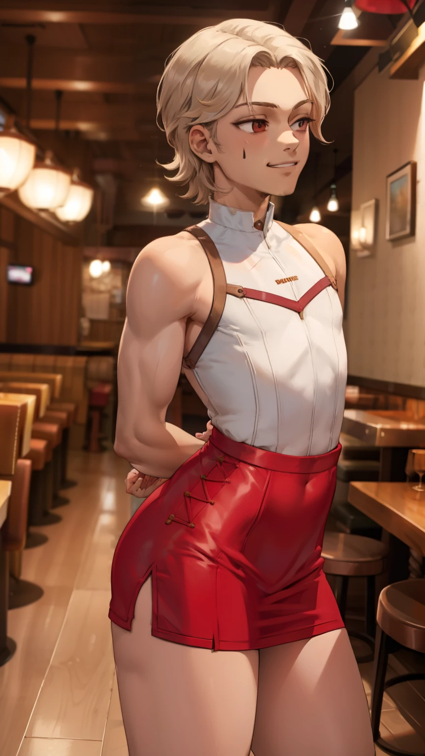 1boy, male, femboy hooters outfit, muscular, Brown skin, tanned skin, abs, standing, femboy, flat chest,  arms behind back, his arms are not visible and are behind his back, dmug grin, lyney, solo, solo focus, restaurant setting 