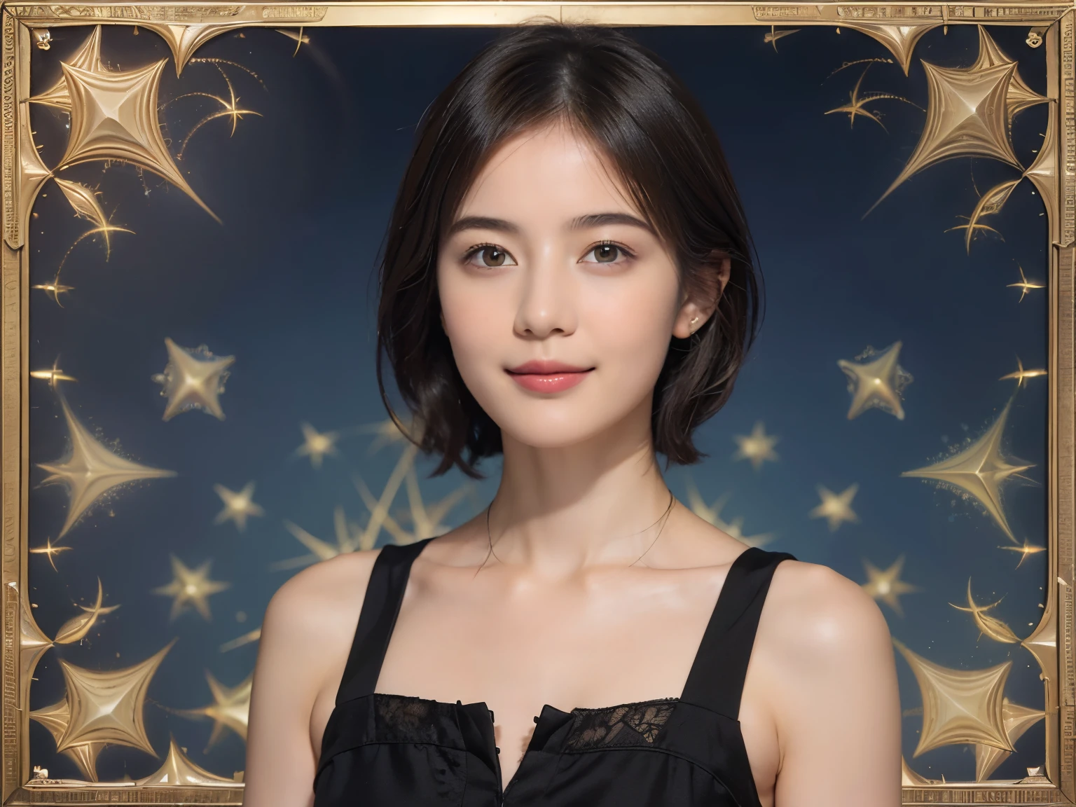 176 short hair, 20 year old woman, gentle smile, (The background is a magic square,fractal art:1.46)