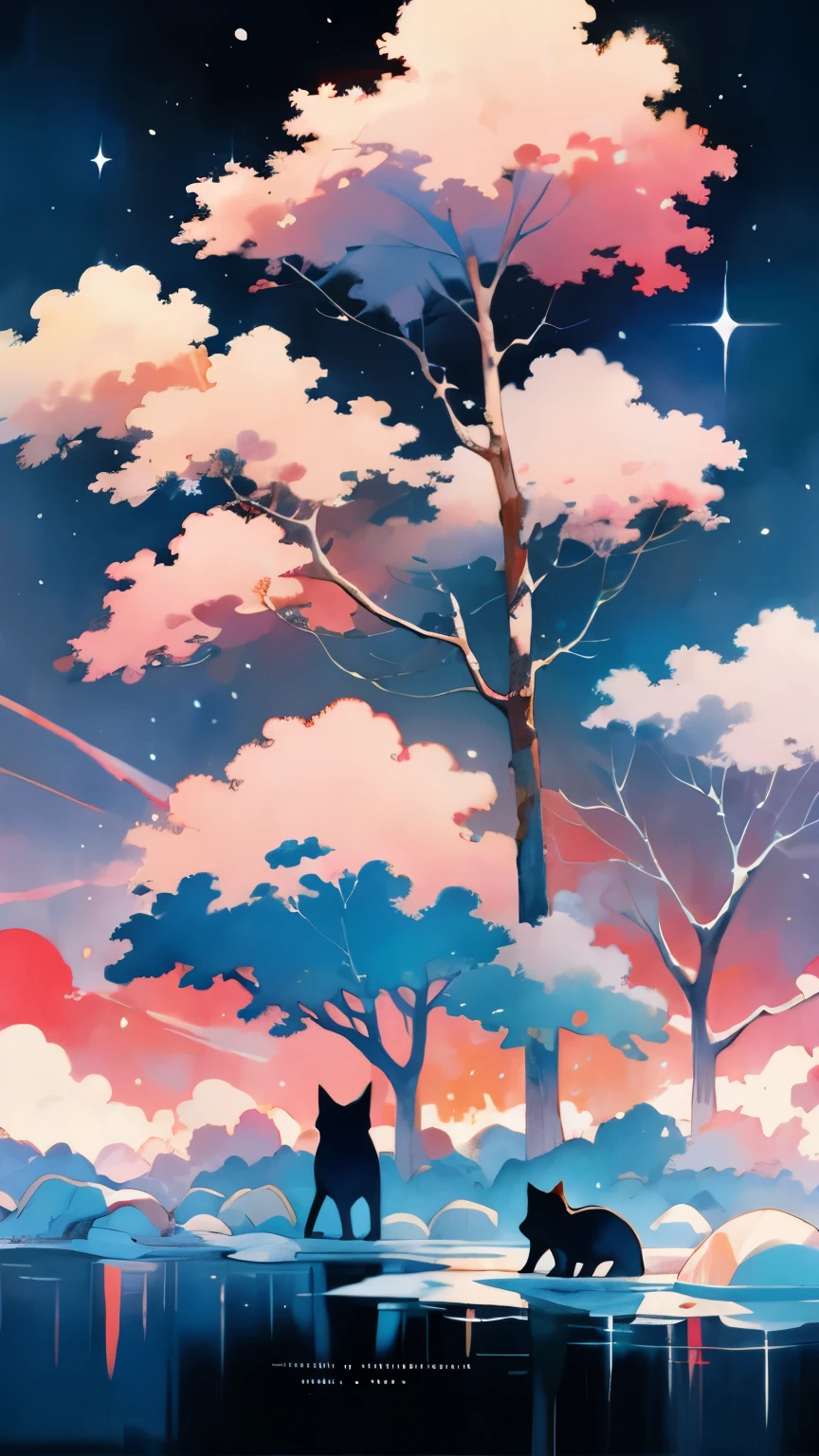 abstract minimalist-style landscape,artist name,black cat,branch,circle,cloud,cloudy sky,fire,fireworks,full moon,galaxy,light particles,moon,nature,outdoors,plant,pool,potted plant,red sky,signature,sky,snow,solo,space,starry sky,starry sky print,sun,tree,watercraft,