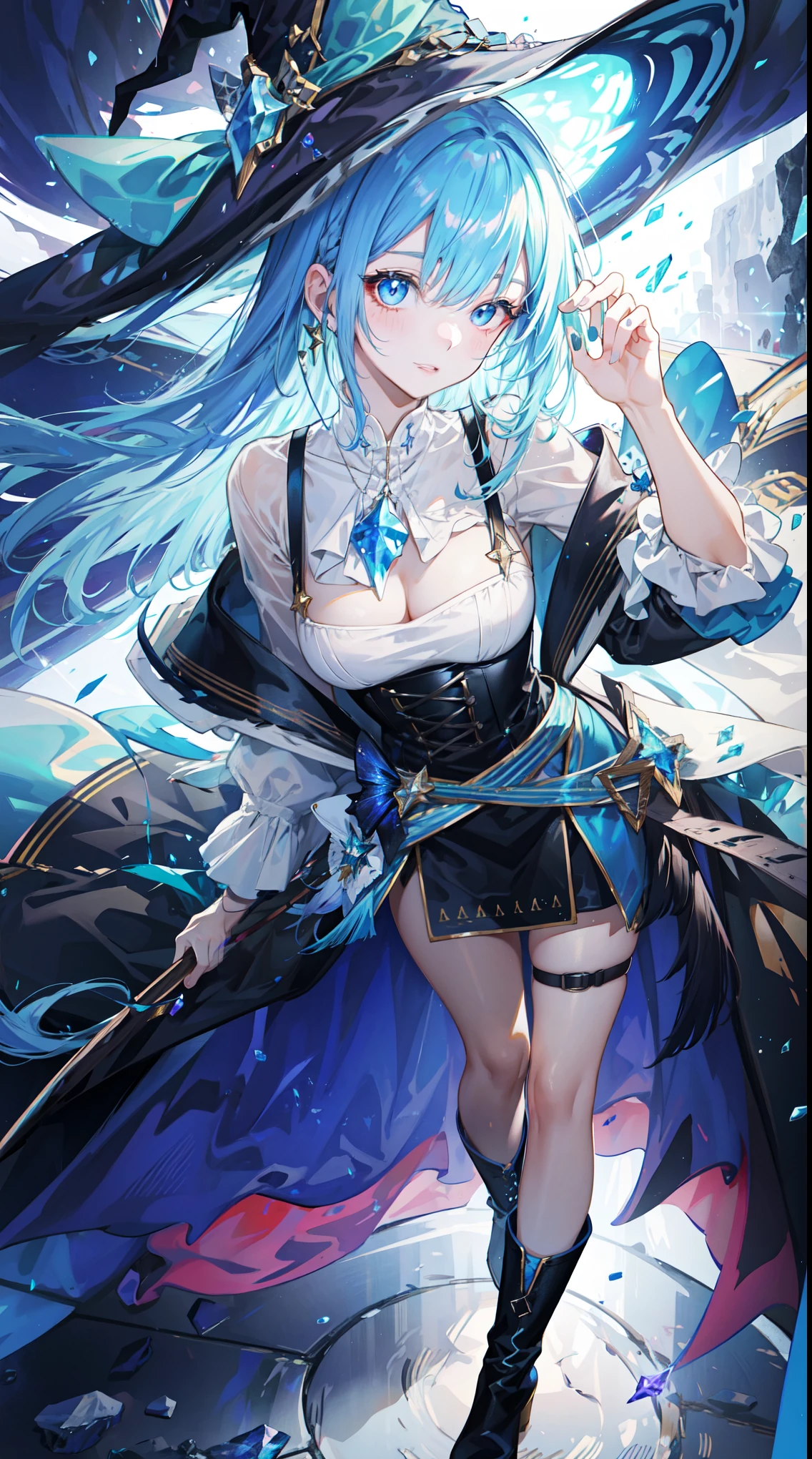 (best quality)+,(on the table)++,(Super detailed)++, Masterpiece Top Quality Super Fine Illustration High Detail Lighting Perfect Lighting, (Witch 1 person:1.3),, First class female body, Perfect body, beautiful breasts, View from the front, from above, delicate luster, Beautiful and delicate eyes, cute face, beautiful lips, semi-realistic, a girl surrounded by crystals, blue eyes, beautiful light blue hair, Beautiful iridescent eyes, Beautiful long and tousled hair, Cute witch girl costume sexy beautiful witch dress, Glow effect lens flare lotion gloss shine holy light background sunlight, Galaxy Witch Hat, boots braided on feet, and suspenders, looking at the audience,