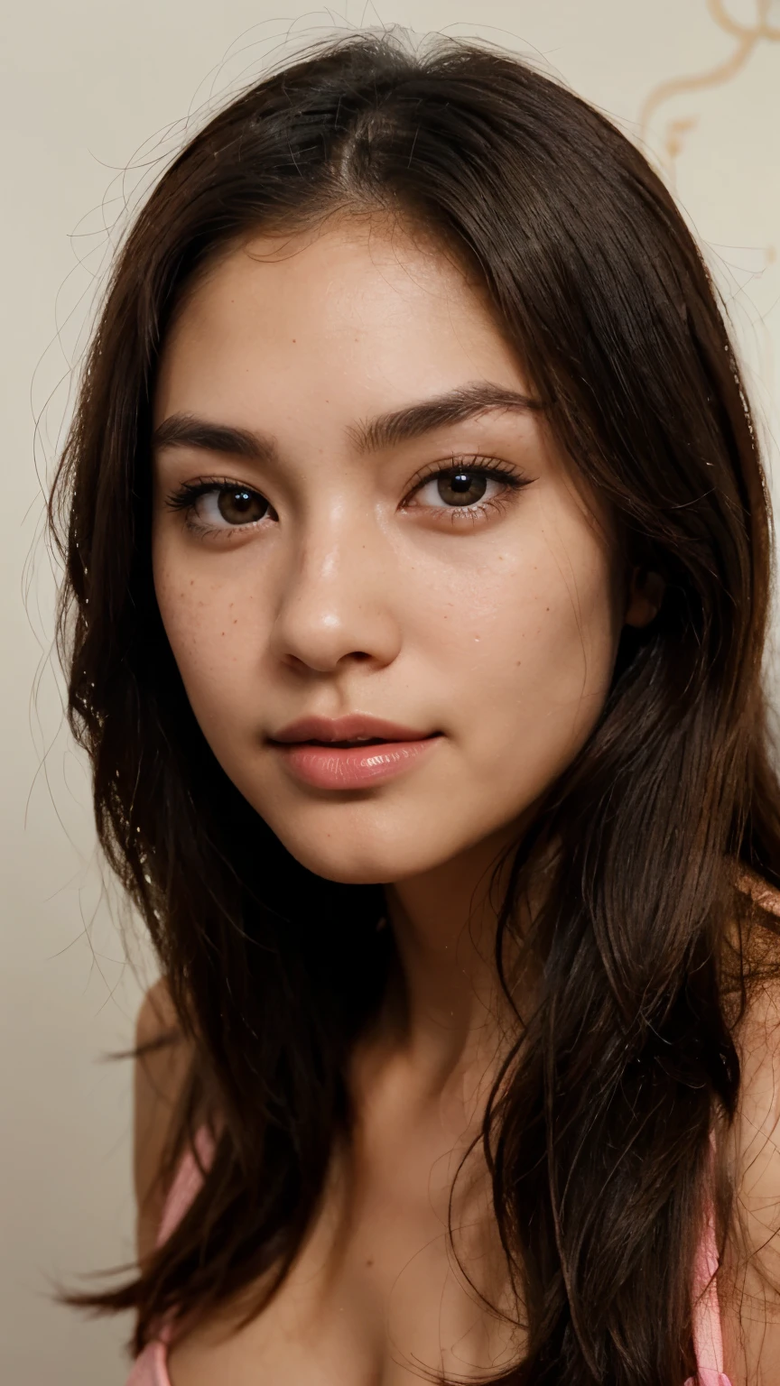 “A age of about 27 to 28year old Asian girl with fair skin and brown eyes is looking at the camera. Her almond-shaped eyes have a deep brown iris. She has a soft smile on her naturally pink lips and less dense eyebrows. Her hair is long and black. She has a chubby, oval-shaped face with high cheekbones and a medium-sized nose. Her skin has a natural glow, freckles, and a subtle blush. She is under soft lighting that highlights her skin texture. She is looking upwards, showing her long eyelashes. Her full lips have a natural gloss. She has various expressions, from surprise to laughter. A high-resolution image captures all her skin details. She is posing for a photoshoot with slight makeup, enhancing her natural beauty a little shine in her hair for clarity or texture even tone in skin highly detail photoshoot for the front face from a distance of about 1 to 1.5 metre with slight blush and face structure from urvashi rautela crystal clear skin with natural glow with highly detailing skin smooth texture reduce the amount of blackheads she is having apply her pink lip gloss