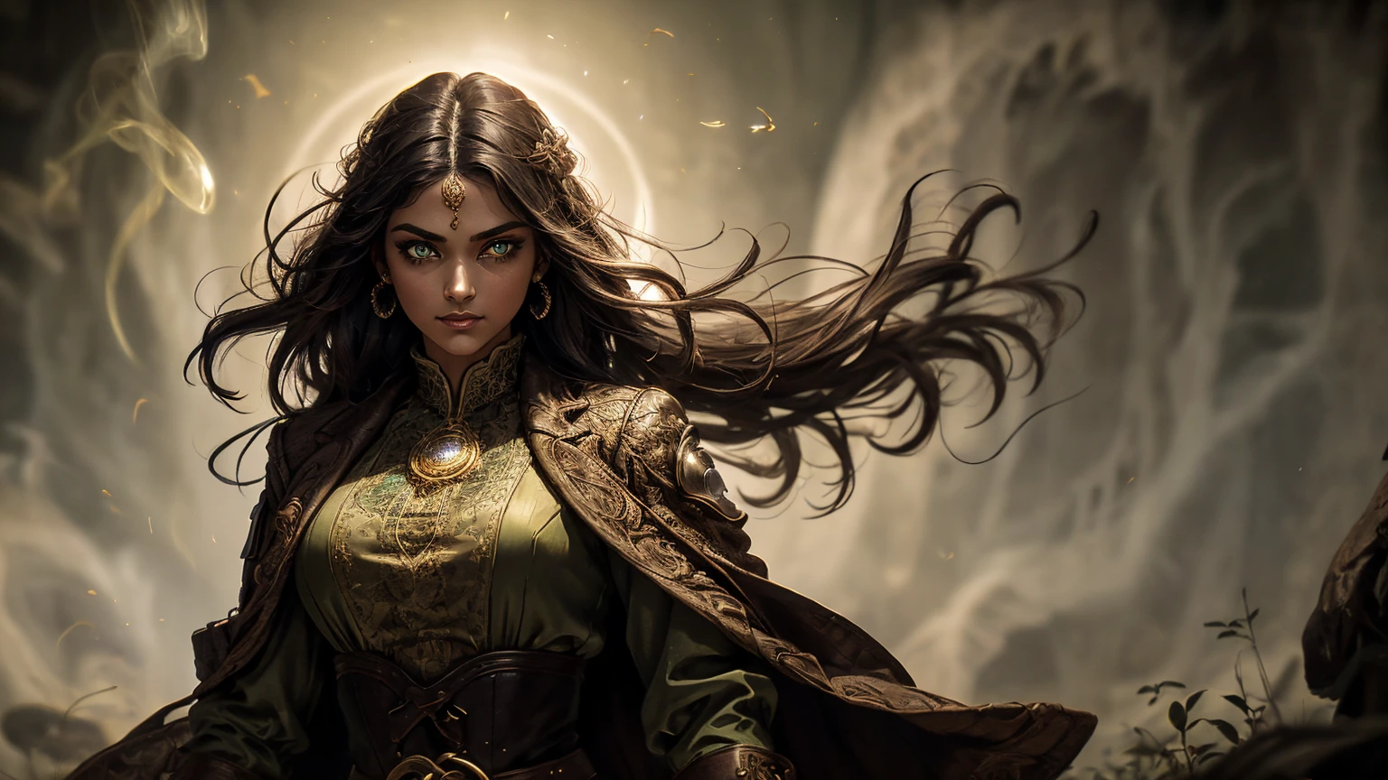 A stunning South-Indian woman, olive-skinned woman, Indian beauty, with bright green eyes, standing in swirling black smoke, with dark brown-black long wavy hair, mesmerizing features with a scary expression, finely detailed eyes, angry mood masterpiece, top quality, best quality, official art, beautiful and aesthetic:1.2), (1girl), extreme detailed,(fractal art:1.3), colorful, highest detailed, (masterpiece, best quality:1.3) professional digital painting, Unreal Engine 5. Wearing a black-buttoned-up military-trench coat. Scary void dripping from body and face black magic swirling around. Black smoke swirled around her. Purple-tinted background. In a 1920 setting, at a farm, wearing 1930 style clothing, , masterpiece, top quality, best quality, official art, beautiful and aesthetic:1.2), (1girl), extreme detailed,(fractal art:1.3), yellow, orange, pink, purple, highest detailed, (masterpiece, best quality:1.3) 1 green-eyed woman, professional digital painting, Unreal Engine 5. Wearing linen blouse, Wearing long skirt, Long hair, hopeful expression, finely detailed eyes, smiling, epic scene, epic composition, Cinematic Lighting, Volumetric Lighting, ethereal light, intricate details, extremely detailed volumetric rays. Green Eyes. [Beautiful girl, linen shirt and pants, oil painting, Detailed facial features, Sunlight, bright colors, dramatic lighting, expressive eyes and lips, High Resolution]
