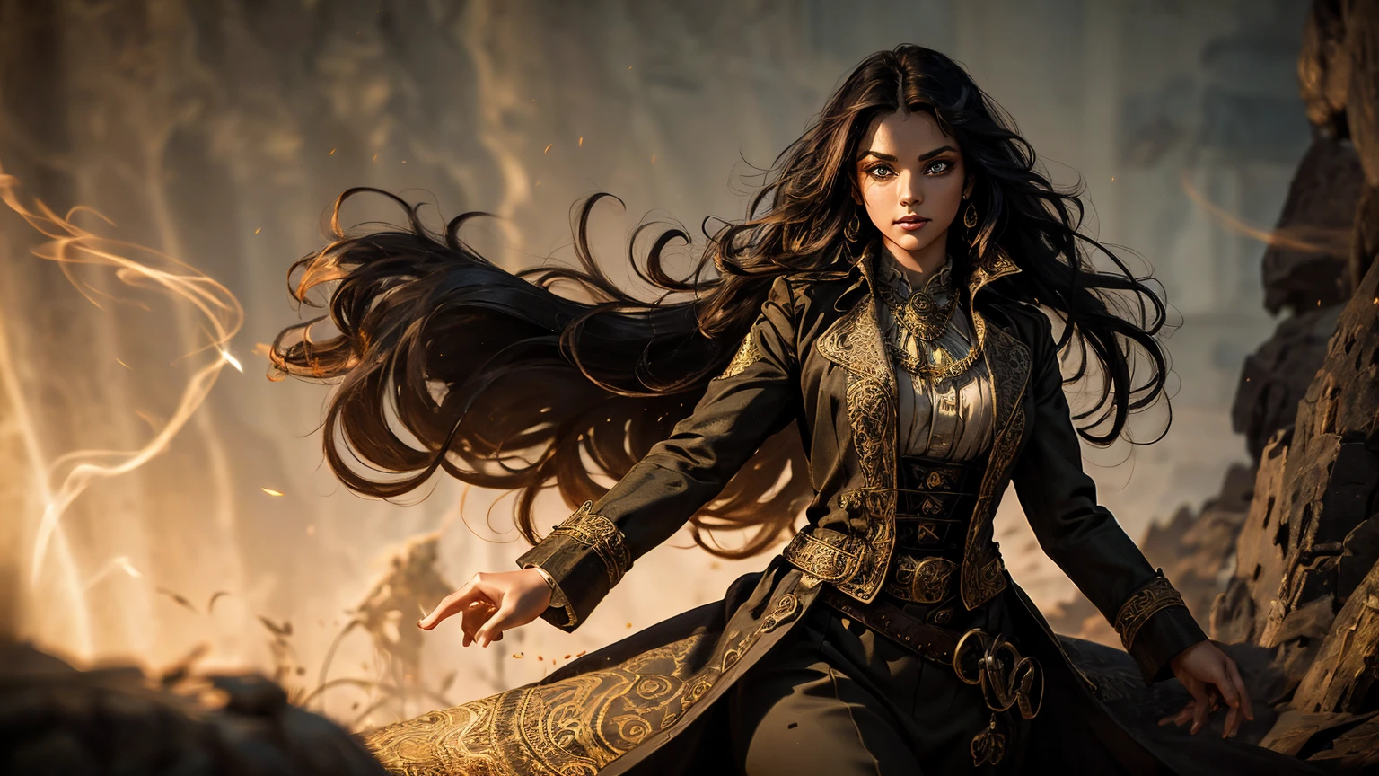 A stunning South-Indian woman, olive-skinned woman, Indian beauty, with bright green eyes, standing in swirling black smoke, with dark brown-black long wavy hair, mesmerizing features with a scary expression, finely detailed eyes, angry mood masterpiece, top quality, best quality, official art, beautiful and aesthetic:1.2), (1girl), extreme detailed,(fractal art:1.3), colorful, highest detailed, (masterpiece, best quality:1.3) professional digital painting, Unreal Engine 5. Wearing a black-buttoned-up military-trench coat. Scary void dripping from body and face black magic swirling around. Black smoke swirled around her. Purple-tinted background. In a 1920 setting, at a farm, wearing 1930 style clothing, , masterpiece, top quality, best quality, official art, beautiful and aesthetic:1.2), (1girl), extreme detailed,(fractal art:1.3), yellow, orange, pink, purple, highest detailed, (masterpiece, best quality:1.3) 1 green-eyed woman, professional digital painting, Unreal Engine 5. Wearing linen blouse, Wearing long skirt, Long hair, hopeful expression, finely detailed eyes, smiling, epic scene, epic composition, Cinematic Lighting, Volumetric Lighting, ethereal light, intricate details, extremely detailed volumetric rays. Green Eyes. [Beautiful girl, linen shirt and pants, oil painting, Detailed facial features, Sunlight, bright colors, dramatic lighting, expressive eyes and lips, High Resolution]
