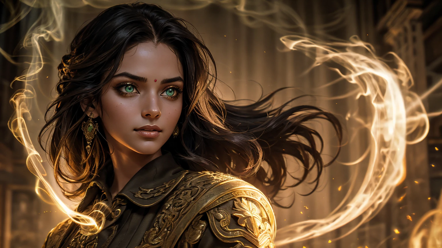 A stunning South-Indian woman, olive-skinned woman, Indian beauty, with bright green eyes, standing in swirling black smoke, with dark brown-black long wavy hair, mesmerizing features with a scary expression, finely detailed eyes, angry mood masterpiece, top quality, best quality, official art, beautiful and aesthetic:1.2), (1girl), extreme detailed,(fractal art:1.3), colorful, highest detailed, (masterpiece, best quality:1.3) professional digital painting, Unreal Engine 5. Wearing a black-buttoned-up military-trench coat. Scary void dripping from body and face black magic swirling around. Black smoke swirled around her. Purple-tinted background. In a 1920 setting, at a farm, wearing 1930 style clothing, , masterpiece, top quality, best quality, official art, beautiful and aesthetic:1.2), (1girl), extreme detailed,(fractal art:1.3), yellow, orange, pink, purple, highest detailed, (masterpiece, best quality:1.3) 1 green-eyed woman, professional digital painting, Unreal Engine 5. Wearing linen blouse, Wearing long skirt, Long hair, hopeful expression, finely detailed eyes, smiling, epic scene, epic composition, Cinematic Lighting, Volumetric Lighting, ethereal light, intricate details, extremely detailed volumetric rays. Green Eyes. [Beautiful girl, linen shirt and pants, oil painting, Detailed facial features, Sunlight, bright colors, dramatic lighting, expressive eyes and lips, High Resolution]
