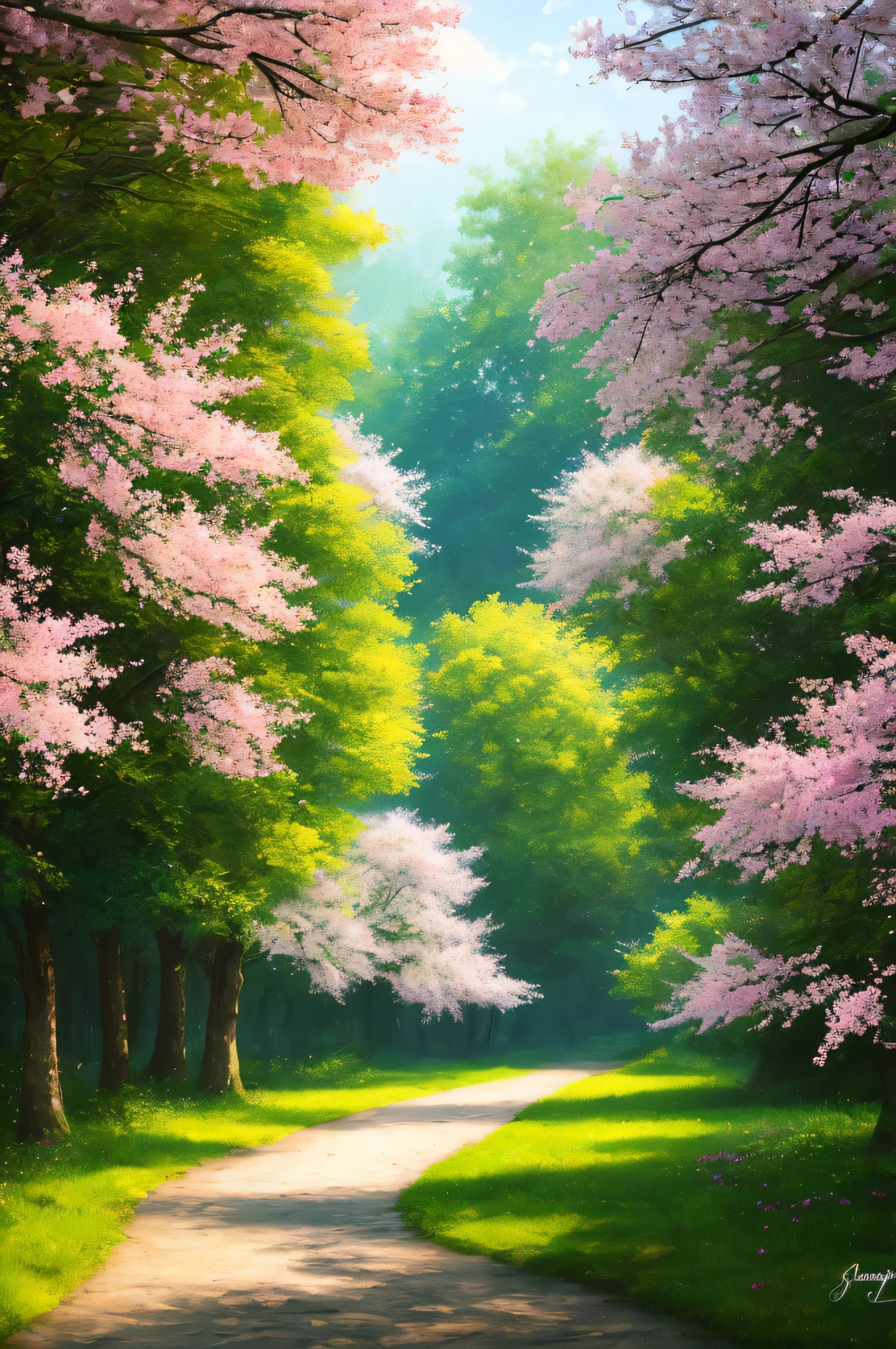 masterpiece, best quality, high quality, extremely detailed 8k wallpaper of CG unit, a charming and dreamy scene of a lush forest of sakuras, with tall trees, creating a sense of mystique and enchantment, artistic station, digital illustration, intricate, trend, pastel colors, oil painting, award-winning photography, Bokeh, depth of field, HDR, flower, chromatic aberration, photorealistic, extremely detailed, trend in artstation, trend in CGsociety, intricate, high detail, dramatic, art in the middle of the journey, old tree, winding road, lakelet, cherry blossom tree, small lake next to the forest, tree tunnel, forsythia flower, sunshine
