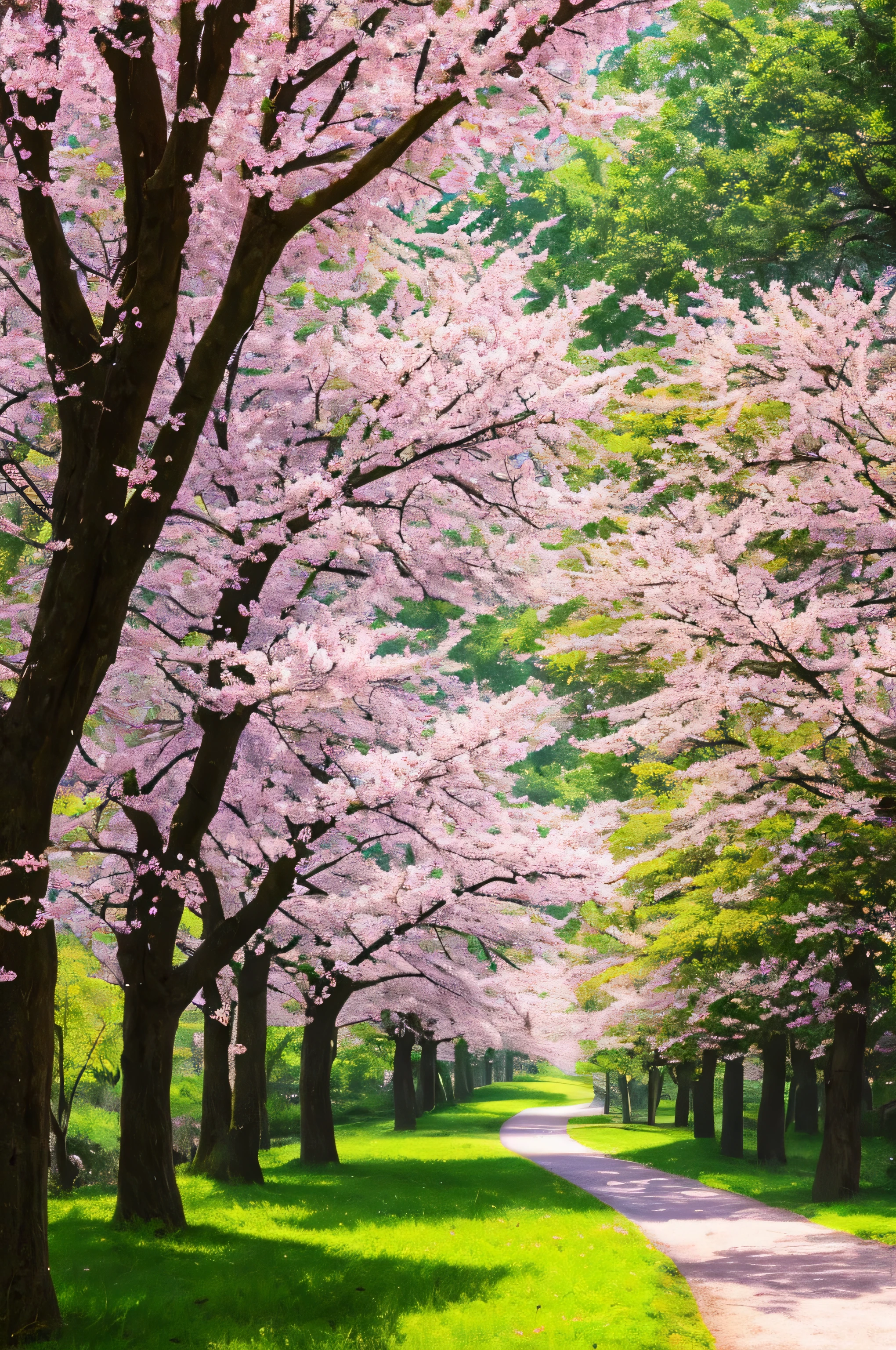 masterpiece, best quality, high quality, extremely detailed 8k wallpaper of CG unit, a charming and dreamy scene of a lush forest of sakuras, with tall trees, creating a sense of mystique and enchantment, artistic station, digital illustration, intricate, trend, pastel colors, oil painting, award-winning photography, depth of field, HDR, flower, chromatic aberration, photorealistic, extremely detailed, trend in artstation, trend in CGsociety, intricate, high detail, dramatic, art in the middle of the journey, old tree, winding road, lakelet, cherry blossom tree, small lake next to the forest, tree tunnel, forsythia flower, sunshine