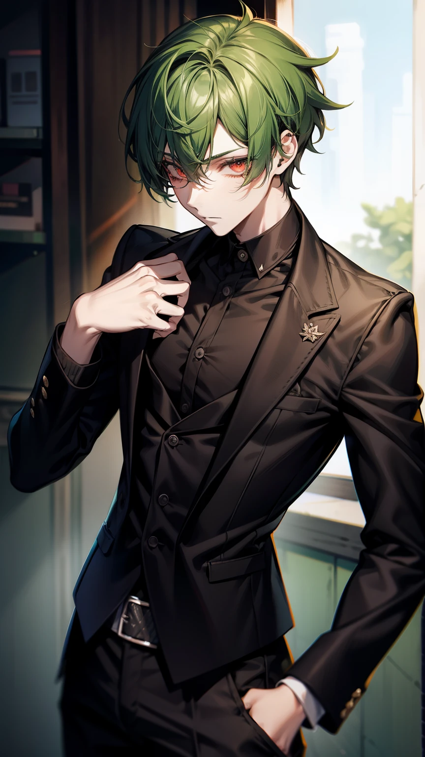 green hair, red eyes, mysterious, cool, male short hair, ager, blackwear