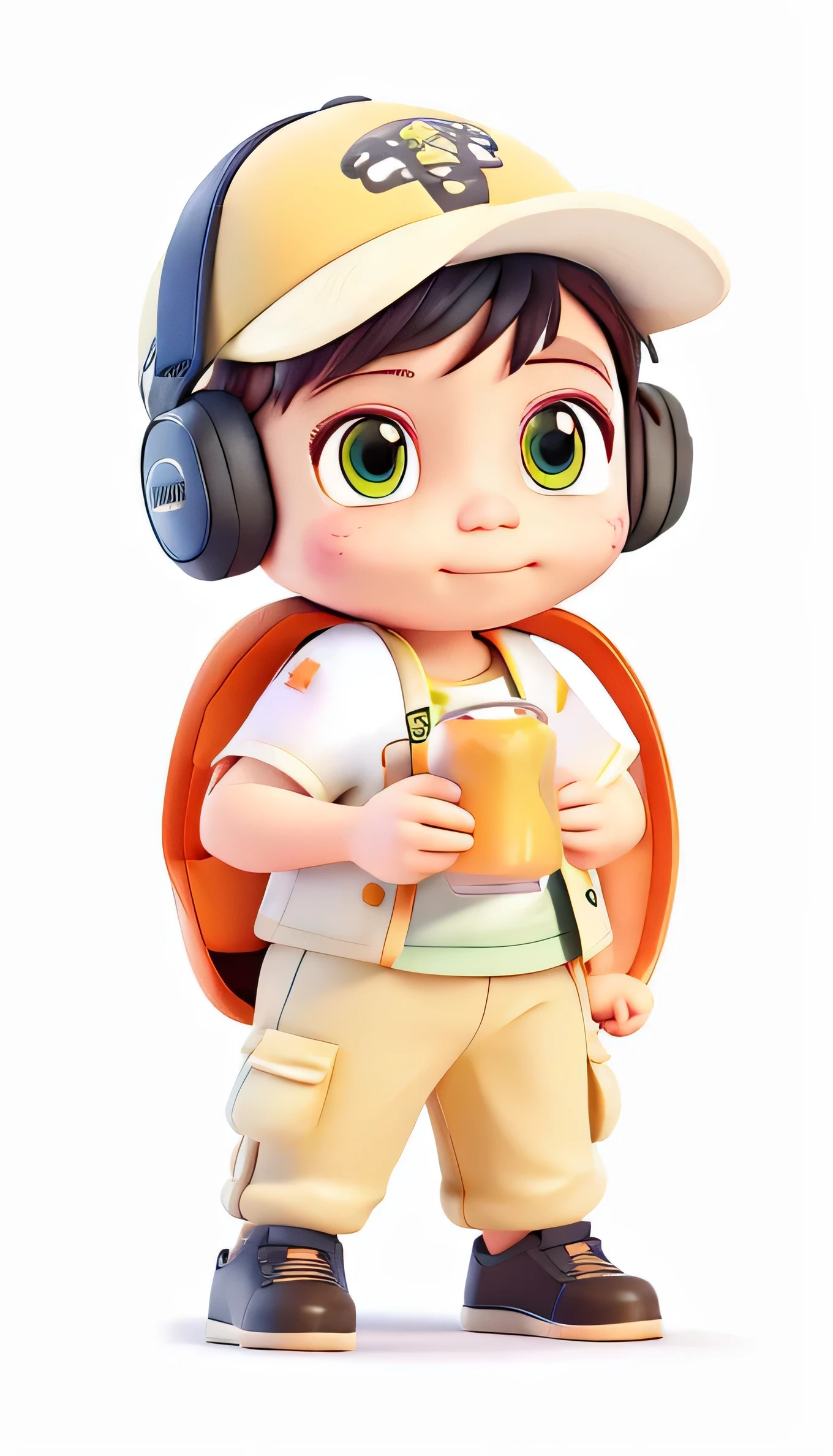 drinking milktea，earphone，baseball cap，Tortoiseshell backpack