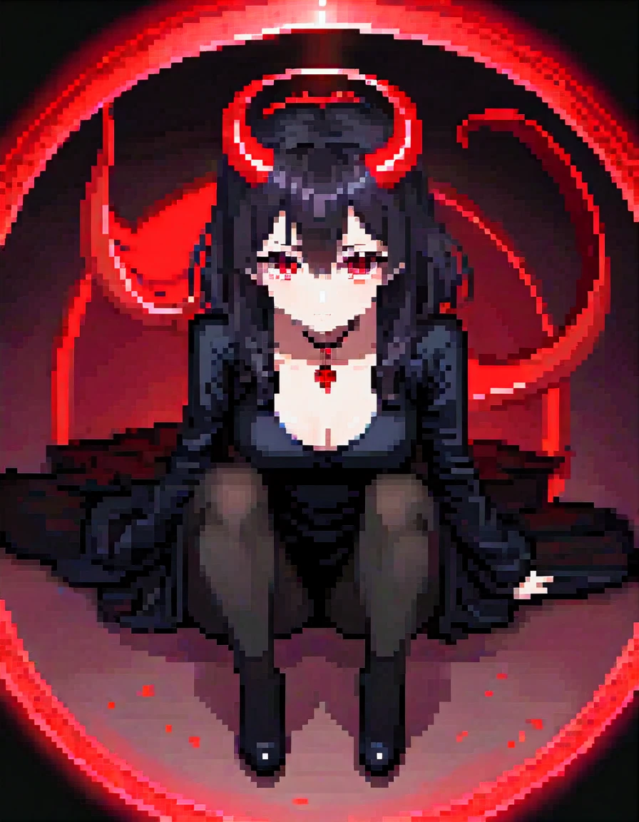 A magic circle that shines red at your feet、sexy devil in black clothes、red lighting、darkness、suspicious、suspicious, anime、whole body、Condescending eyes
