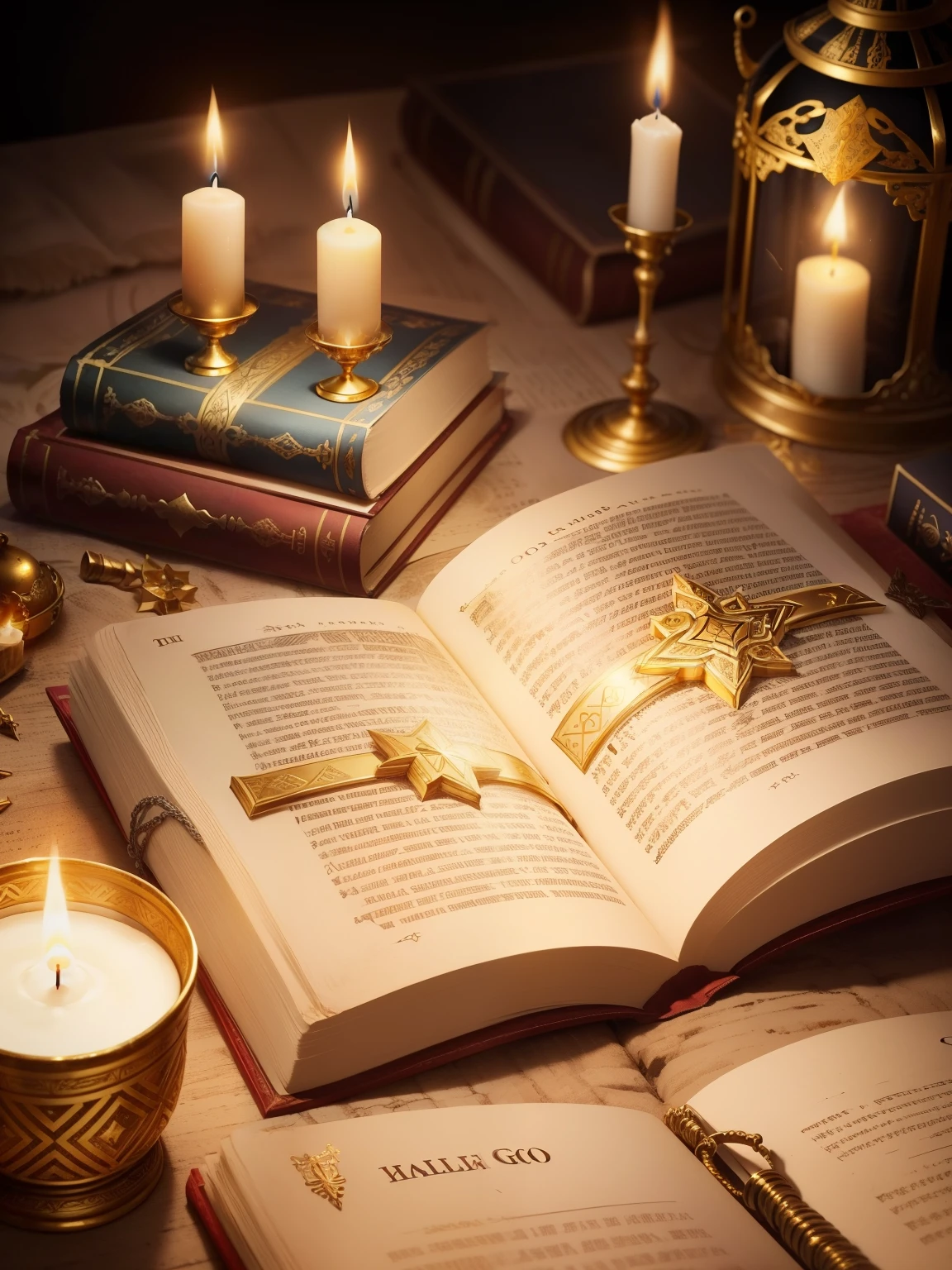an ancient bible, Candles lit in a gold framed book, open Magic book glowing, Magic book, light with candle, Black magic spells, Holy Fire Spell Art, spelling book, cast a spell wizard, holy fire spell, cast a spell, spell magic, Spells and Magic Weapons, Biblical art lighting, High quality screenshots, com detalhes em ouro, All are gold and silver, Ourusanto 3, 书上的incandescent flame以数字 3 的形式, golden landscape, studded with gold and silver, Landscape with biblical background, art ancient catholic church, symbol for number 3, Ancient Bible, antigo bookstore, Antigo Testamento, um antigo bookstore, all golden biblical landscape,there are many candles, incandescent flame, Write the word Psalm in the book