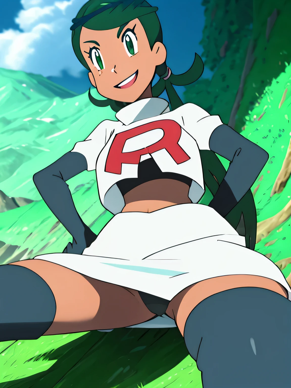 view of the valley, with grass, team rocket uniform, red letter r, white skirt,white crop top,black thigh-high boots, black elbow gloves, evil smile, looking down at viewer, hands on hips, spread legs, black panties