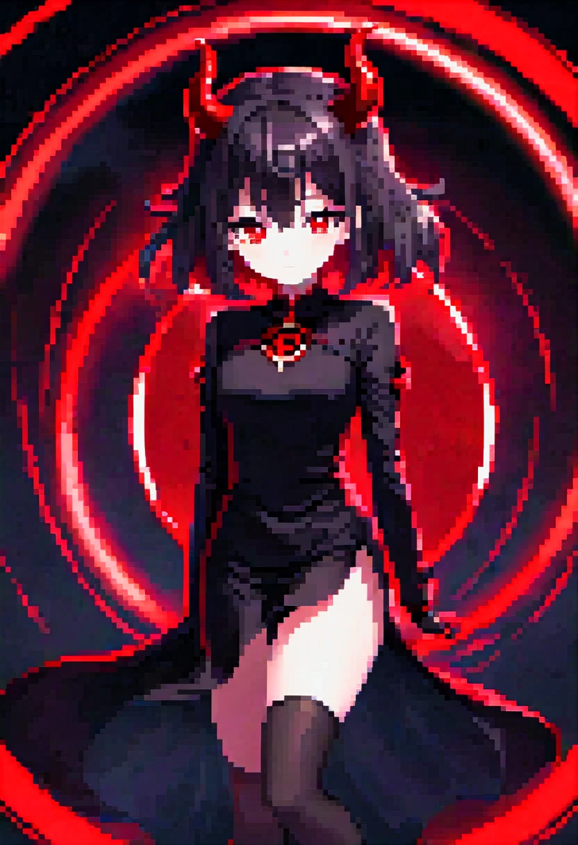 A magic circle that shines red at your feet、sexy devil in black clothes、red lighting、darkness、suspicious、suspicious, anime、whole body、Condescending eyes