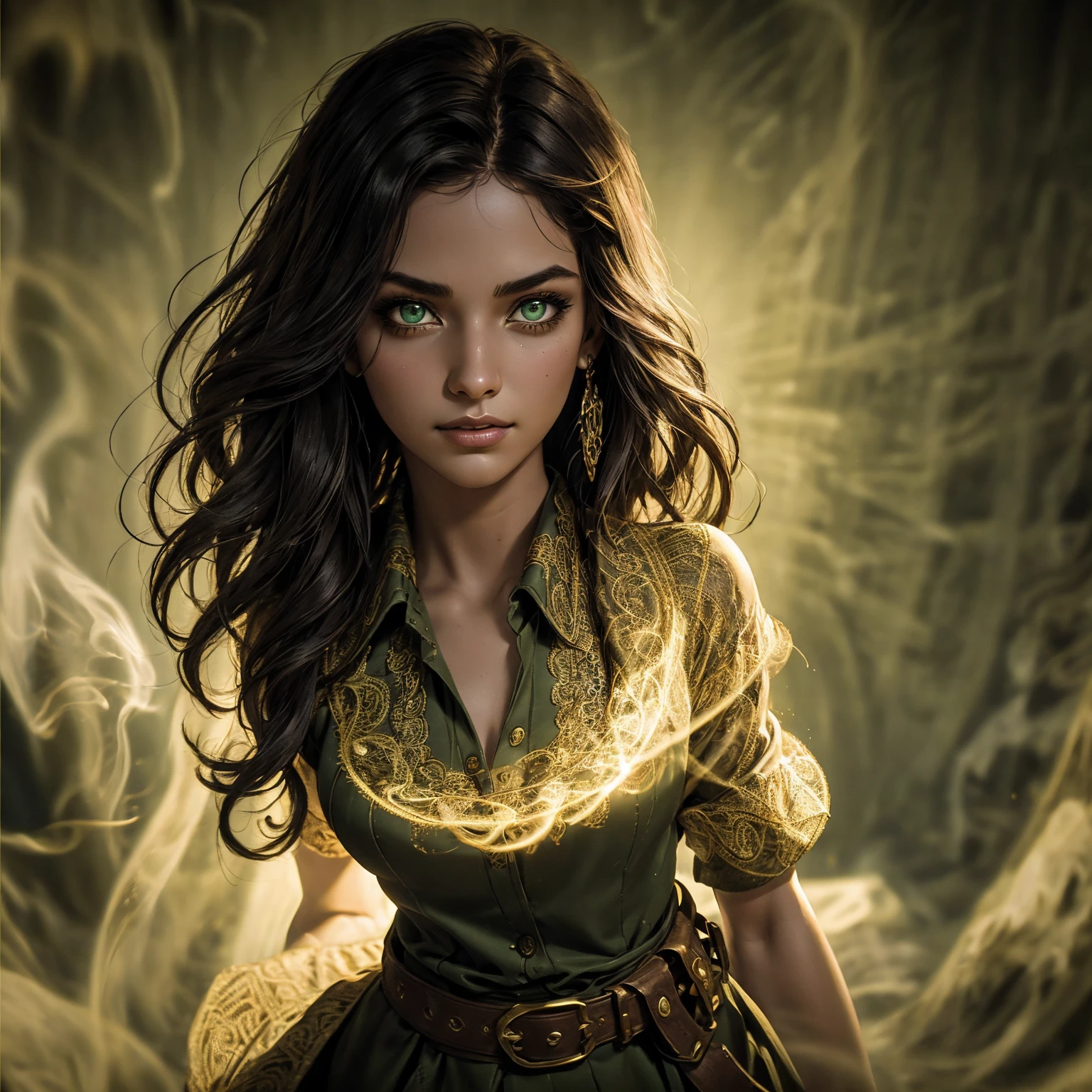 A stunning South-Indian woman, olive-skinned woman, Indian beauty, with bright green eyes, standing in swirling black smoke, with dark brown-black long wavy hair, mesmerizing features with a scary expression, finely detailed eyes, angry mood masterpiece, top quality, best quality, official art, beautiful and aesthetic:1.2), (1girl), extreme detailed,(fractal art:1.3), colorful, highest detailed, (masterpiece, best quality:1.3) professional digital painting, Unreal Engine 5. Wearing a black-buttoned-up military-trench coat. Scary void dripping from body and face black magic swirling around. Black smoke swirled around her. Purple-tinted background. In a 1920 setting, at a farm, wearing 1930 style clothing, , masterpiece, top quality, best quality, official art, beautiful and aesthetic:1.2), (1girl), extreme detailed,(fractal art:1.3), yellow, orange, pink, purple, highest detailed, (masterpiece, best quality:1.3) 1 green-eyed woman, professional digital painting, Unreal Engine 5. Wearing linen blouse, Wearing long skirt, Long hair, hopeful expression, finely detailed eyes, smiling, epic scene, epic composition, Cinematic Lighting, Volumetric Lighting, ethereal light, intricate details, extremely detailed volumetric rays. Green Eyes. [Beautiful girl, linen shirt and pants, oil painting, Detailed facial features, Sunlight, bright colors, dramatic lighting, expressive eyes and lips, High Resolution]
