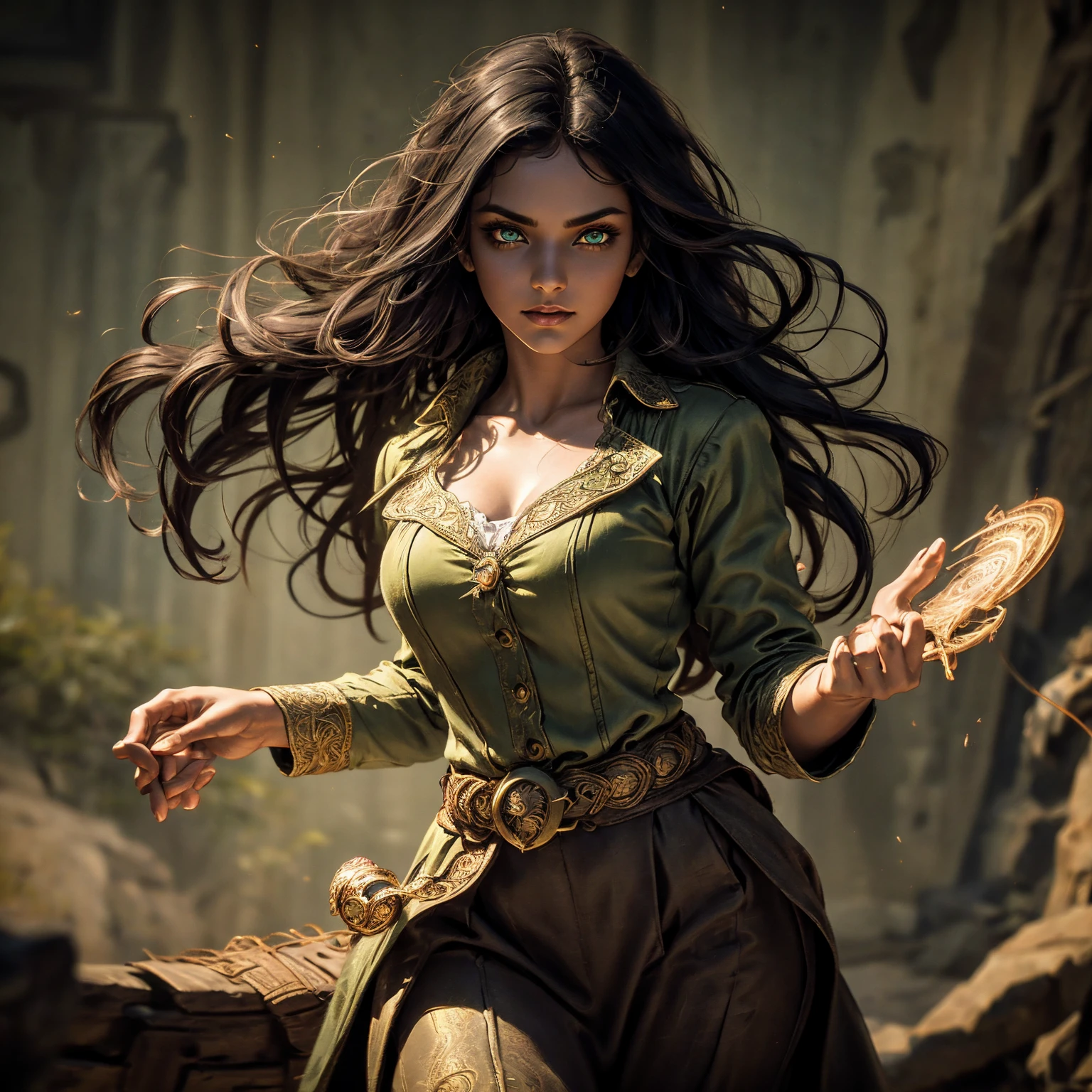A stunning South-Indian woman, olive-skinned woman, Indian beauty, with bright green eyes, standing in swirling black smoke, with dark brown-black long wavy hair, mesmerizing features with a scary expression, finely detailed eyes, angry mood masterpiece, top quality, best quality, official art, beautiful and aesthetic:1.2), (1girl), extreme detailed,(fractal art:1.3), colorful, highest detailed, (masterpiece, best quality:1.3) professional digital painting, Unreal Engine 5. Wearing a black-buttoned-up military-trench coat. Scary void dripping from body and face black magic swirling around. Black smoke swirled around her. Purple-tinted background. In a 1920 setting, at a farm, wearing 1930 style clothing, , masterpiece, top quality, best quality, official art, beautiful and aesthetic:1.2), (1girl), extreme detailed,(fractal art:1.3), yellow, orange, pink, purple, highest detailed, (masterpiece, best quality:1.3) 1 green-eyed woman, professional digital painting, Unreal Engine 5. Wearing linen blouse, Wearing long skirt, Long hair, hopeful expression, finely detailed eyes, smiling, epic scene, epic composition, Cinematic Lighting, Volumetric Lighting, ethereal light, intricate details, extremely detailed volumetric rays. Green Eyes. [Beautiful girl, linen shirt and pants, oil painting, Detailed facial features, Sunlight, bright colors, dramatic lighting, expressive eyes and lips, High Resolution]
