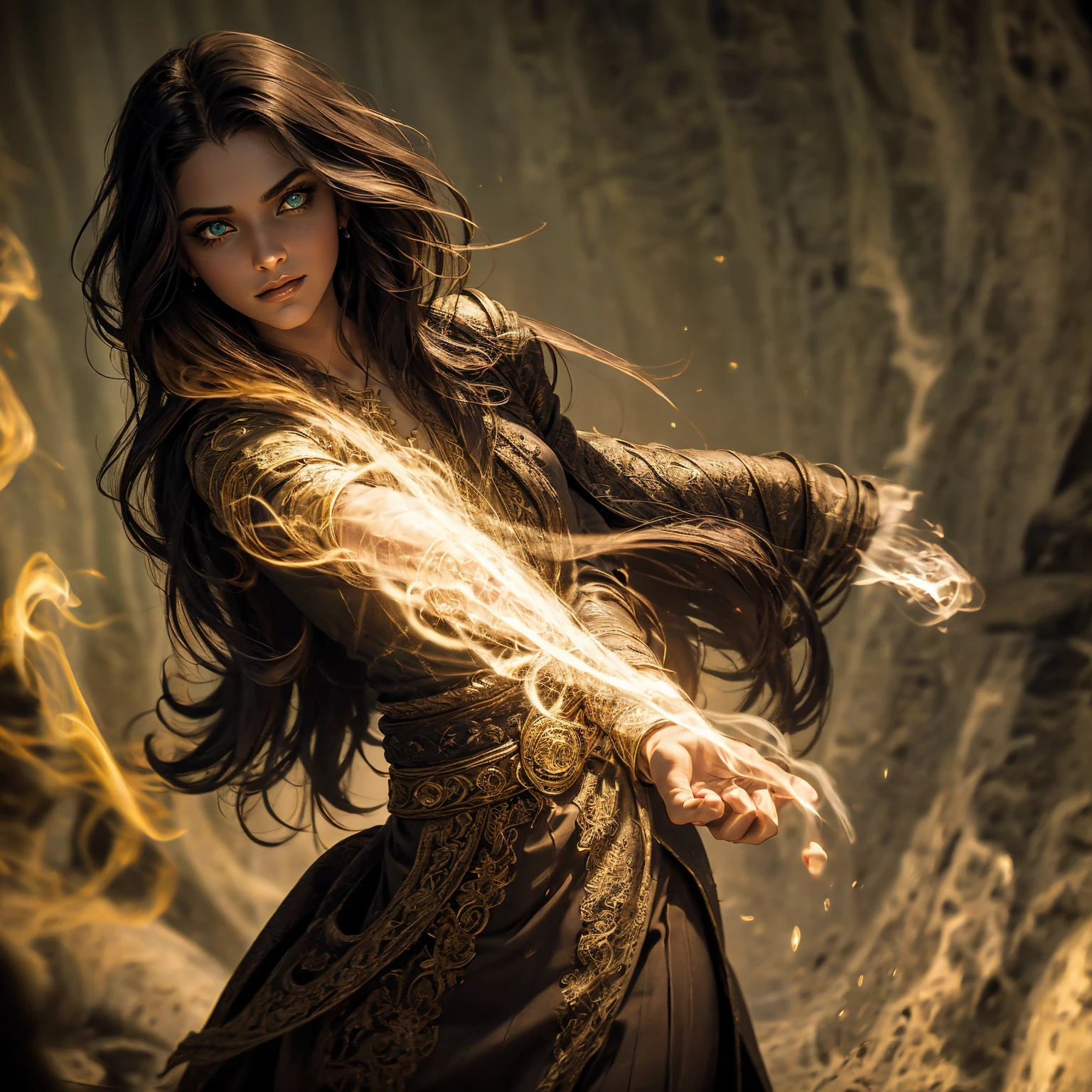 A stunning South-Indian woman, olive-skinned woman, Indian beauty, with bright green eyes, standing in swirling black smoke, with dark brown-black long wavy hair, mesmerizing features with a scary expression, finely detailed eyes, angry mood masterpiece, top quality, best quality, official art, beautiful and aesthetic:1.2), (1girl), extreme detailed,(fractal art:1.3), colorful, highest detailed, (masterpiece, best quality:1.3) professional digital painting, Unreal Engine 5. Wearing a black-buttoned-up military-trench coat. Scary void dripping from body and face black magic swirling around. Black smoke swirled around her. Purple-tinted background. In a 1920 setting, at a farm, wearing 1930 style clothing, , masterpiece, top quality, best quality, official art, beautiful and aesthetic:1.2), (1girl), extreme detailed,(fractal art:1.3), yellow, orange, pink, purple, highest detailed, (masterpiece, best quality:1.3) 1 green-eyed woman, professional digital painting, Unreal Engine 5. Wearing linen blouse, Wearing long skirt, Long hair, hopeful expression, finely detailed eyes, smiling, epic scene, epic composition, Cinematic Lighting, Volumetric Lighting, ethereal light, intricate details, extremely detailed volumetric rays. Green Eyes. [Beautiful girl, linen shirt and pants, oil painting, Detailed facial features, Sunlight, bright colors, dramatic lighting, expressive eyes and lips, High Resolution]
