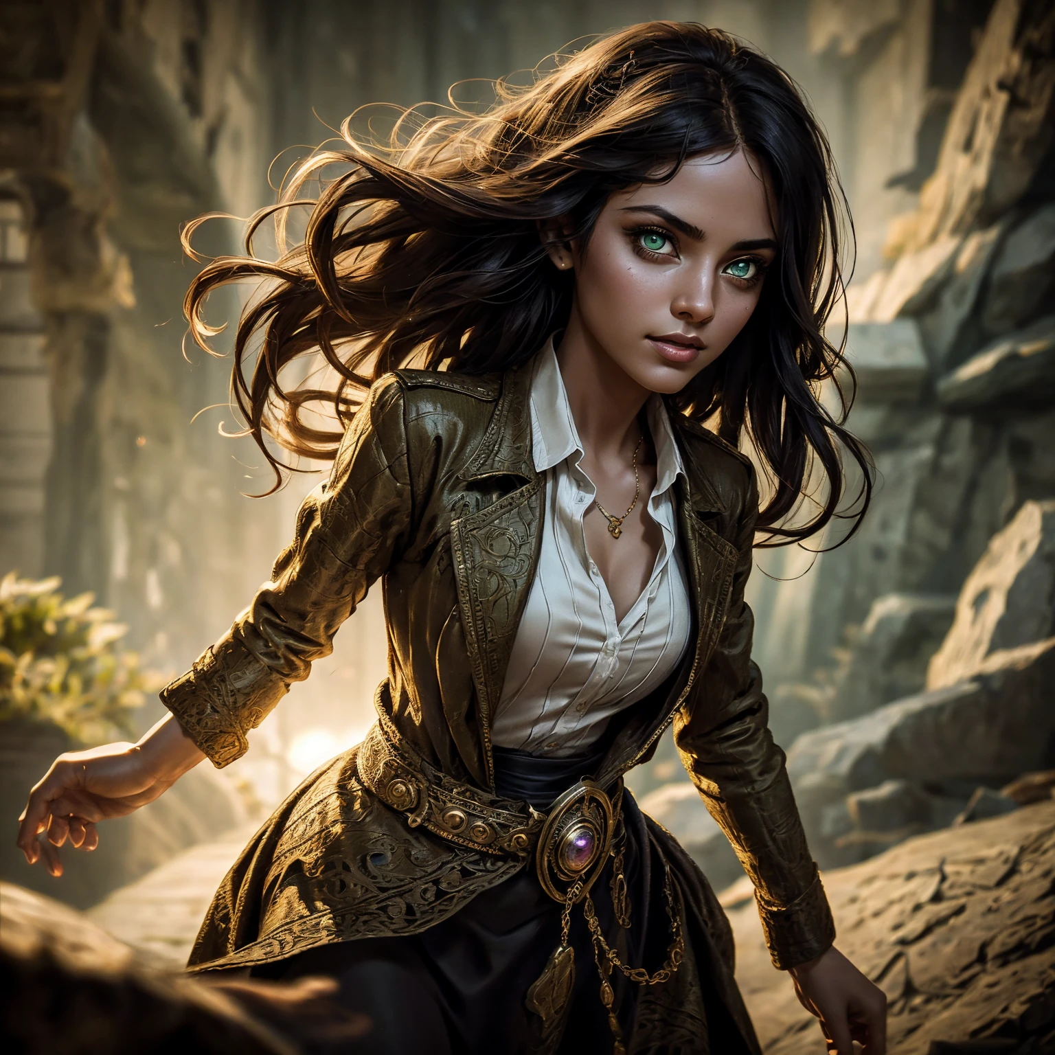 A stunning South-Indian woman, olive-skinned woman, Indian beauty, with bright green eyes, standing in swirling black smoke, with dark brown-black long wavy hair, mesmerizing features with a scary expression, finely detailed eyes, angry mood masterpiece, top quality, best quality, official art, beautiful and aesthetic:1.2), (1girl), extreme detailed,(fractal art:1.3), colorful, highest detailed, (masterpiece, best quality:1.3) professional digital painting, Unreal Engine 5. Wearing a black-buttoned-up military-trench coat. Scary void dripping from body and face black magic swirling around. Black smoke swirled around her. Purple-tinted background. In a 1920 setting, at a farm, wearing 1930 style clothing, , masterpiece, top quality, best quality, official art, beautiful and aesthetic:1.2), (1girl), extreme detailed,(fractal art:1.3), yellow, orange, pink, purple, highest detailed, (masterpiece, best quality:1.3) 1 green-eyed woman, professional digital painting, Unreal Engine 5. Wearing linen blouse, Wearing long skirt, Long hair, hopeful expression, finely detailed eyes, smiling, epic scene, epic composition, Cinematic Lighting, Volumetric Lighting, ethereal light, intricate details, extremely detailed volumetric rays. Green Eyes. [Beautiful girl, linen shirt and pants, oil painting, Detailed facial features, Sunlight, bright colors, dramatic lighting, expressive eyes and lips, High Resolution]
