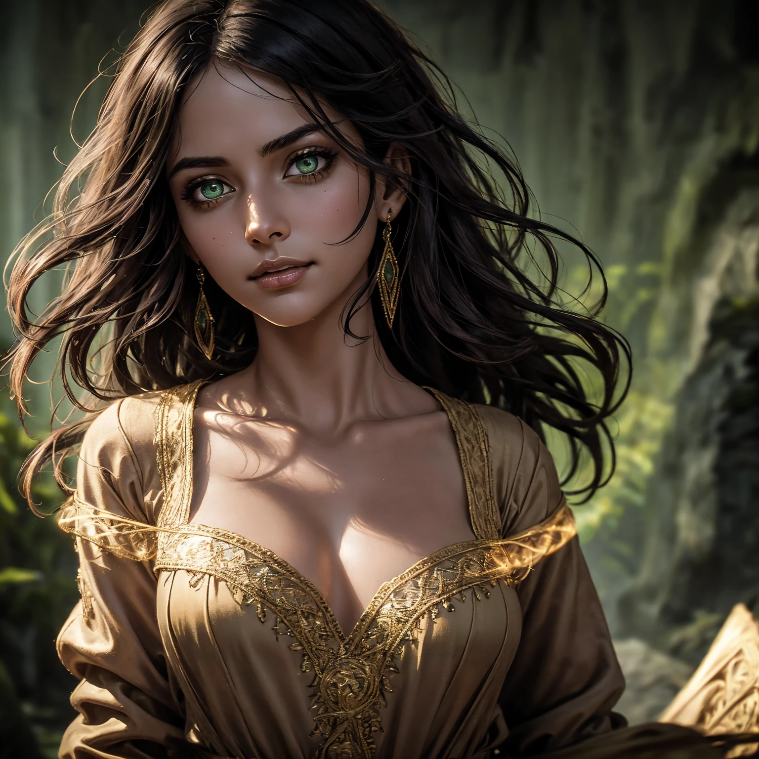 A stunning South-Indian woman, olive-skinned woman, Indian beauty, with bright green eyes, standing in swirling black smoke, with dark brown-black long wavy hair, mesmerizing features with a scary expression, finely detailed eyes, angry mood masterpiece, top quality, best quality, official art, beautiful and aesthetic:1.2), (1girl), extreme detailed,(fractal art:1.3), colorful, highest detailed, (masterpiece, best quality:1.3) professional digital painting, Unreal Engine 5. Wearing a black-buttoned-up military-trench coat. Scary void dripping from body and face black magic swirling around. Black smoke swirled around her. Purple-tinted background. In a 1920 setting, at a farm, wearing 1930 style clothing, , masterpiece, top quality, best quality, official art, beautiful and aesthetic:1.2), (1girl), extreme detailed,(fractal art:1.3), yellow, orange, pink, purple, highest detailed, (masterpiece, best quality:1.3) 1 green-eyed woman, professional digital painting, Unreal Engine 5. Wearing linen blouse, Wearing long skirt, Long hair, hopeful expression, finely detailed eyes, smiling, epic scene, epic composition, Cinematic Lighting, Volumetric Lighting, ethereal light, intricate details, extremely detailed volumetric rays. Green Eyes. [Beautiful girl, linen shirt and pants, oil painting, Detailed facial features, Sunlight, bright colors, dramatic lighting, expressive eyes and lips, High Resolution]
