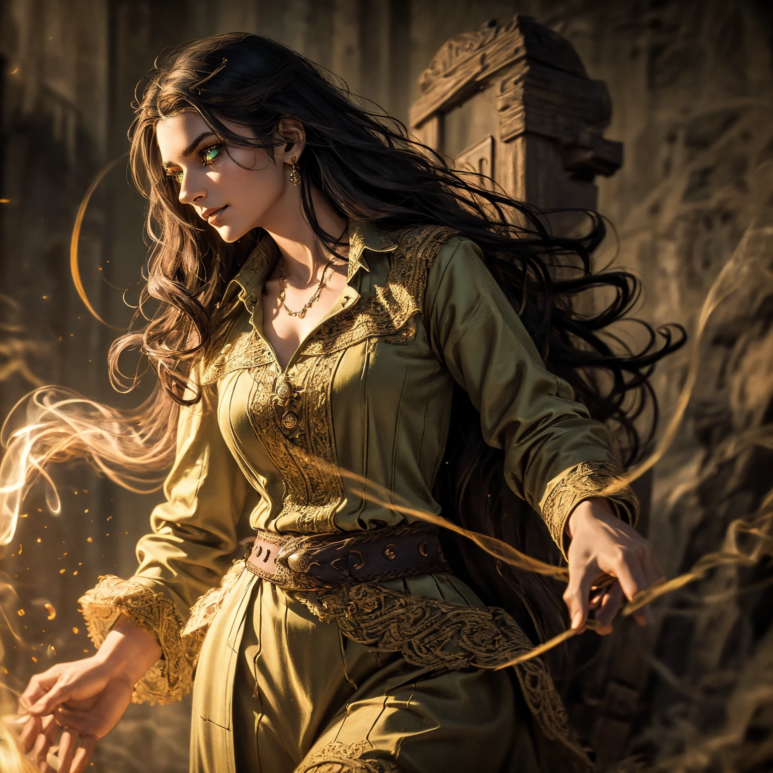 A stunning South-Indian woman, olive-skinned woman, Indian beauty, with bright green eyes, standing in swirling black smoke, with dark brown-black long wavy hair, mesmerizing features with a scary expression, finely detailed eyes, angry mood masterpiece, top quality, best quality, official art, beautiful and aesthetic:1.2), (1girl), extreme detailed,(fractal art:1.3), colorful, highest detailed, (masterpiece, best quality:1.3) professional digital painting, Unreal Engine 5. Wearing a black-buttoned-up military-trench coat. Scary void dripping from body and face black magic swirling around. Black smoke swirled around her. Purple-tinted background. In a 1920 setting, at a farm, wearing 1930 style clothing, , masterpiece, top quality, best quality, official art, beautiful and aesthetic:1.2), (1girl), extreme detailed,(fractal art:1.3), yellow, orange, pink, purple, highest detailed, (masterpiece, best quality:1.3) 1 green-eyed woman, professional digital painting, Unreal Engine 5. Wearing linen blouse, Wearing long skirt, Long hair, hopeful expression, finely detailed eyes, smiling, epic scene, epic composition, Cinematic Lighting, Volumetric Lighting, ethereal light, intricate details, extremely detailed volumetric rays. Green Eyes. [Beautiful girl, linen shirt and pants, oil painting, Detailed facial features, Sunlight, bright colors, dramatic lighting, expressive eyes and lips, High Resolution]
