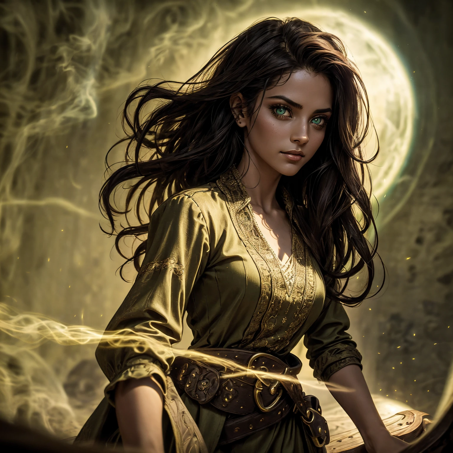 A stunning South-Indian woman, olive-skinned woman, Indian beauty, with bright green eyes, standing in swirling black smoke, with dark brown-black long wavy hair, mesmerizing features with a scary expression, finely detailed eyes, angry mood masterpiece, top quality, best quality, official art, beautiful and aesthetic:1.2), (1girl), extreme detailed,(fractal art:1.3), colorful, highest detailed, (masterpiece, best quality:1.3) professional digital painting, Unreal Engine 5. Wearing a black-buttoned-up military-trench coat. Scary void dripping from body and face black magic swirling around. Black smoke swirled around her. Purple-tinted background. In a 1920 setting, at a farm, wearing 1930 style clothing, , masterpiece, top quality, best quality, official art, beautiful and aesthetic:1.2), (1girl), extreme detailed,(fractal art:1.3), pink, purple, highest detailed, (masterpiece, best quality:1.3) 1 green-eyed woman, professional digital painting, Unreal Engine 5. Wearing linen blouse, Wearing long skirt, Long hair, hopeful expression, finely detailed eyes, smiling, epic scene, epic composition, Cinematic Lighting, Volumetric Lighting, ethereal light, intricate details, extremely detailed volumetric rays. Green Eyes. [Beautiful girl, linen shirt and pants, oil painting, Detailed facial features, Sunlight, bright colors, dramatic lighting, expressive eyes and lips, High Resolution]
