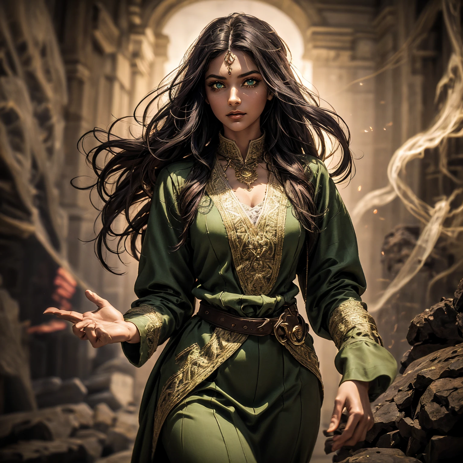 A stunning South-Indian woman, olive-skinned woman, Indian beauty, with bright green eyes, standing in swirling black smoke, with dark brown-black long wavy hair, mesmerizing features with a scary expression, finely detailed eyes, angry mood masterpiece, top quality, best quality, official art, beautiful and aesthetic:1.2), (1girl), extreme detailed,(fractal art:1.3), colorful, highest detailed, (masterpiece, best quality:1.3) professional digital painting, Unreal Engine 5. Wearing a black-buttoned-up military-trench coat. Scary void dripping from body and face black magic swirling around. Black smoke swirled around her. Purple-tinted background. In a 1920 setting, at a farm, wearing 1930 style clothing, , masterpiece, top quality, best quality, official art, beautiful and aesthetic:1.2), (1girl), extreme detailed,(fractal art:1.3), pink, purple, highest detailed, (masterpiece, best quality:1.3) 1 green-eyed woman, professional digital painting, Unreal Engine 5. Wearing linen blouse, Wearing long skirt, Long hair, hopeful expression, finely detailed eyes, smiling, epic scene, epic composition, Cinematic Lighting, Volumetric Lighting, ethereal light, intricate details, extremely detailed volumetric rays. Green Eyes. [Beautiful girl, linen shirt and pants, oil painting, Detailed facial features, Sunlight, bright colors, dramatic lighting, expressive eyes and lips, High Resolution]
