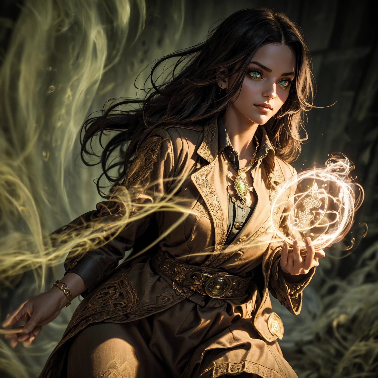 A stunning South-Indian woman, olive-skinned woman, Indian beauty, with bright green eyes, standing in swirling black smoke, with dark brown-black long wavy hair, mesmerizing features with a scary expression, finely detailed eyes, angry mood masterpiece, top quality, best quality, official art, beautiful and aesthetic:1.2), (1girl), extreme detailed,(fractal art:1.3), colorful, highest detailed, (masterpiece, best quality:1.3) professional digital painting, Unreal Engine 5. Wearing a black-buttoned-up military-trench coat. Scary void dripping from body and face black magic swirling around. Black smoke swirled around her. Purple-tinted background. In a 1920 setting, at a farm, wearing 1930 style clothing, , masterpiece, top quality, best quality, official art, beautiful and aesthetic:1.2), (1girl), extreme detailed,(fractal art:1.3), pink, purple, highest detailed, (masterpiece, best quality:1.3) 1 green-eyed woman, professional digital painting, Unreal Engine 5. Wearing linen blouse, Wearing long skirt, Long hair, hopeful expression, finely detailed eyes, smiling, epic scene, epic composition, Cinematic Lighting, Volumetric Lighting, ethereal light, intricate details, extremely detailed volumetric rays. Green Eyes. [Beautiful girl, linen shirt and pants, oil painting, Detailed facial features, Sunlight, bright colors, dramatic lighting, expressive eyes and lips, High Resolution]
