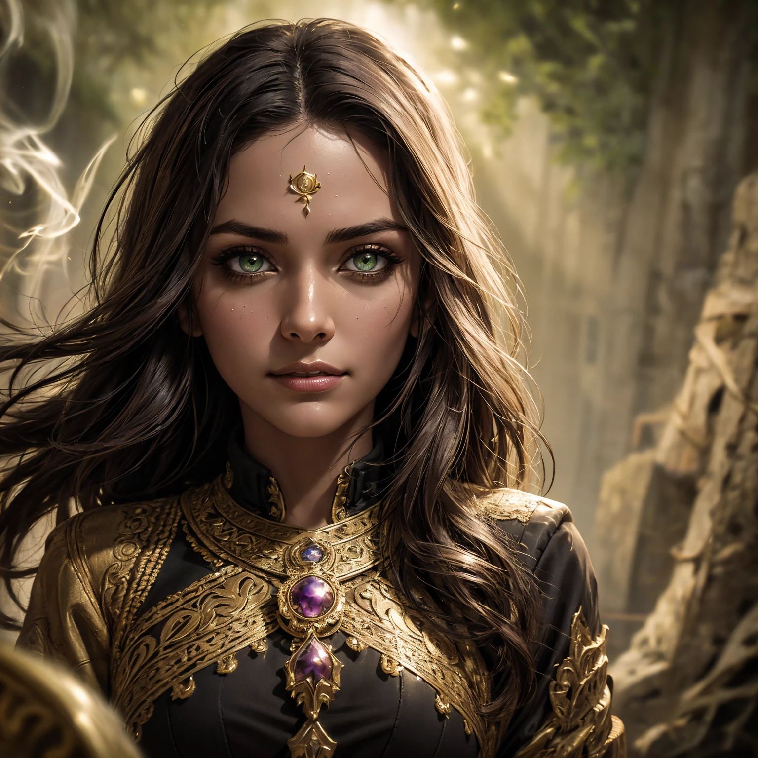 A stunning South-Indian woman, olive-skinned woman, Indian beauty, with bright green eyes, standing in swirling black smoke, with dark brown-black long wavy hair, mesmerizing features with a scary expression, finely detailed eyes, angry mood masterpiece, top quality, best quality, official art, beautiful and aesthetic:1.2), (1girl), extreme detailed,(fractal art:1.3), colorful, highest detailed, (masterpiece, best quality:1.3) professional digital painting, Unreal Engine 5. Wearing a black-buttoned-up military-trench coat. Scary void dripping from body and face black magic swirling around. Black smoke swirled around her. Purple-tinted background. In a 1920 setting, at a farm, wearing 1930 style clothing, , masterpiece, top quality, best quality, official art, beautiful and aesthetic:1.2), (1girl), extreme detailed,(fractal art:1.3), pink, purple, highest detailed, (masterpiece, best quality:1.3) 1 green-eyed woman, professional digital painting, Unreal Engine 5. Wearing linen blouse, Wearing long skirt, Long hair, hopeful expression, finely detailed eyes, smiling, epic scene, epic composition, Cinematic Lighting, Volumetric Lighting, ethereal light, intricate details, extremely detailed volumetric rays. Green Eyes. [Beautiful girl, linen shirt and pants, oil painting, Detailed facial features, Sunlight, bright colors, dramatic lighting, expressive eyes and lips, High Resolution]
