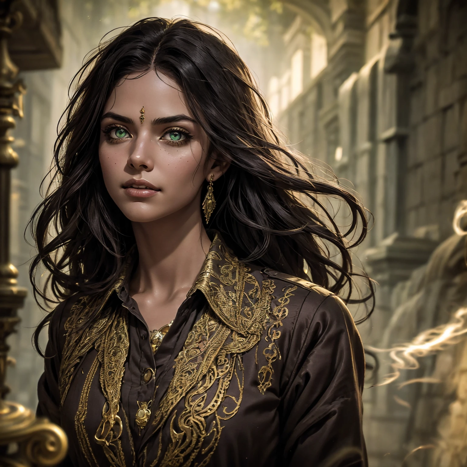 A stunning South-Indian woman, olive-skinned woman, Indian beauty, with bright green eyes, standing in swirling black smoke, with dark brown-black long wavy hair, mesmerizing features with a scary expression, finely detailed eyes, angry mood masterpiece, top quality, best quality, official art, beautiful and aesthetic:1.2), (1girl), extreme detailed,(fractal art:1.3), colorful, highest detailed, (masterpiece, best quality:1.3) professional digital painting, Unreal Engine 5. Wearing a black-buttoned-up military-trench coat. Scary void dripping from body and face black magic swirling around. Black smoke swirled around her. Purple-tinted background. In a 1920 setting, at a farm, wearing 1930 style clothing, , masterpiece, top quality, best quality, official art, beautiful and aesthetic:1.2), (1girl), extreme detailed,(fractal art:1.3), yellow, orange, pink, purple, highest detailed, (masterpiece, best quality:1.3) 1 green-eyed woman, professional digital painting, Unreal Engine 5. Wearing linen blouse, Wearing long skirt, Long hair, hopeful expression, finely detailed eyes, smiling, epic scene, epic composition, Cinematic Lighting, Volumetric Lighting, ethereal light, intricate details, extremely detailed volumetric rays. Green Eyes. [Beautiful girl, linen shirt and pants, oil painting, Detailed facial features, Sunlight, bright colors, dramatic lighting, expressive eyes and lips, High Resolution]
