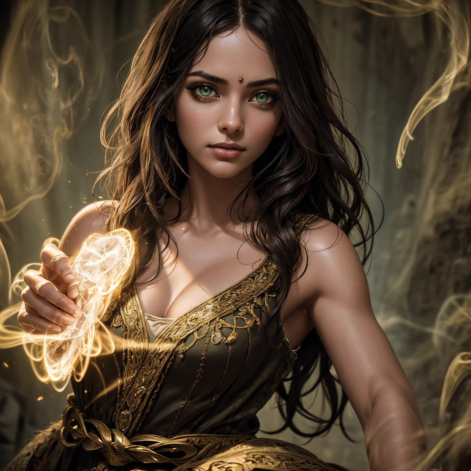 A stunning South-Indian woman, olive-skinned woman, Indian beauty, with bright green eyes, standing in swirling black smoke, with dark brown-black long wavy hair, mesmerizing features with a scary expression, finely detailed eyes, angry mood masterpiece, top quality, best quality, official art, beautiful and aesthetic:1.2), (1girl), extreme detailed,(fractal art:1.3), colorful, highest detailed, (masterpiece, best quality:1.3) professional digital painting, Unreal Engine 5. Wearing a black-buttoned-up military-trench coat. Scary void dripping from body and face black magic swirling around. Black smoke swirled around her. Purple-tinted background. In a 1920 setting, at a farm, wearing 1930 style clothing, , masterpiece, top quality, best quality, official art, beautiful and aesthetic:1.2), (1girl), extreme detailed,(fractal art:1.3), pink, purple, highest detailed, (masterpiece, best quality:1.3) 1 green-eyed woman, professional digital painting, Unreal Engine 5. Wearing linen blouse, Wearing long skirt, Long hair, hopeful expression, finely detailed eyes, smiling, epic scene, epic composition, Cinematic Lighting, Volumetric Lighting, ethereal light, intricate details, extremely detailed volumetric rays. Green Eyes. [Beautiful girl, linen shirt and pants, oil painting, Detailed facial features, Sunlight, bright colors, dramatic lighting, expressive eyes and lips, High Resolution]
