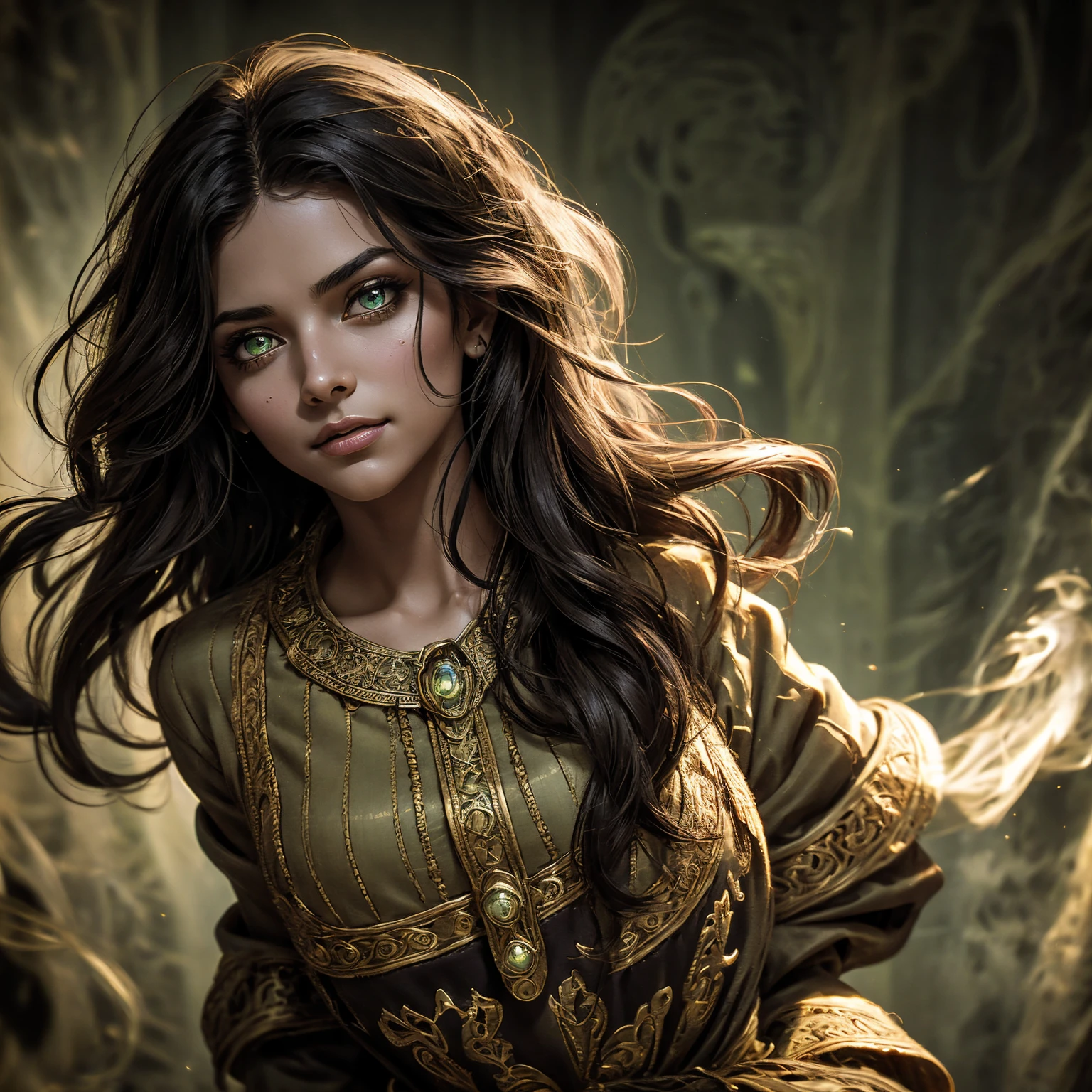 A stunning South-Indian woman, olive-skinned woman, Indian beauty, with bright green eyes, standing in swirling black smoke, with dark brown-black long wavy hair, mesmerizing features with a scary expression, finely detailed eyes, angry mood masterpiece, top quality, best quality, official art, beautiful and aesthetic:1.2), (1girl), extreme detailed,(fractal art:1.3), colorful, highest detailed, (masterpiece, best quality:1.3) professional digital painting, Unreal Engine 5. Wearing a black-buttoned-up military-trench coat. Scary void dripping from body and face black magic swirling around. Black smoke swirled around her. Purple-tinted background. In a 1920 setting, at a farm, wearing 1930 style clothing, , masterpiece, top quality, best quality, official art, beautiful and aesthetic:1.2), (1girl), extreme detailed,(fractal art:1.3), pink, purple, highest detailed, (masterpiece, best quality:1.3) 1 green-eyed woman, professional digital painting, Unreal Engine 5. Wearing linen blouse, Wearing long skirt, Long hair, hopeful expression, finely detailed eyes, smiling, epic scene, epic composition, Cinematic Lighting, Volumetric Lighting, ethereal light, intricate details, extremely detailed volumetric rays. Green Eyes. [Beautiful girl, linen shirt and pants, oil painting, Detailed facial features, Sunlight, bright colors, dramatic lighting, expressive eyes and lips, High Resolution]
